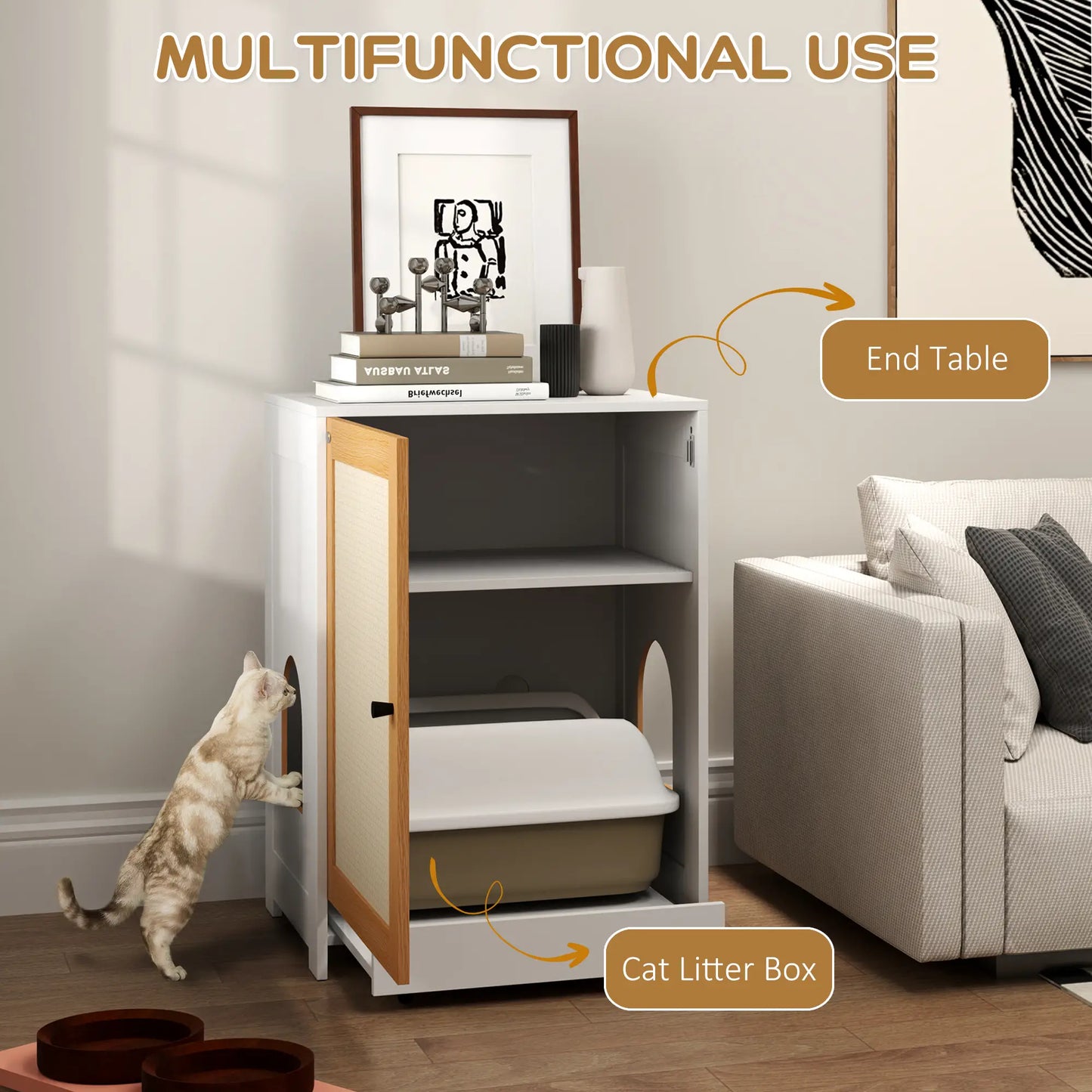 Hidden Cat Litter Box Enclosure, Pull-Out Tray, Storage Cabinet, Scratching Mat, Oak Cat Litter Box Enclosures at Gallery Canada