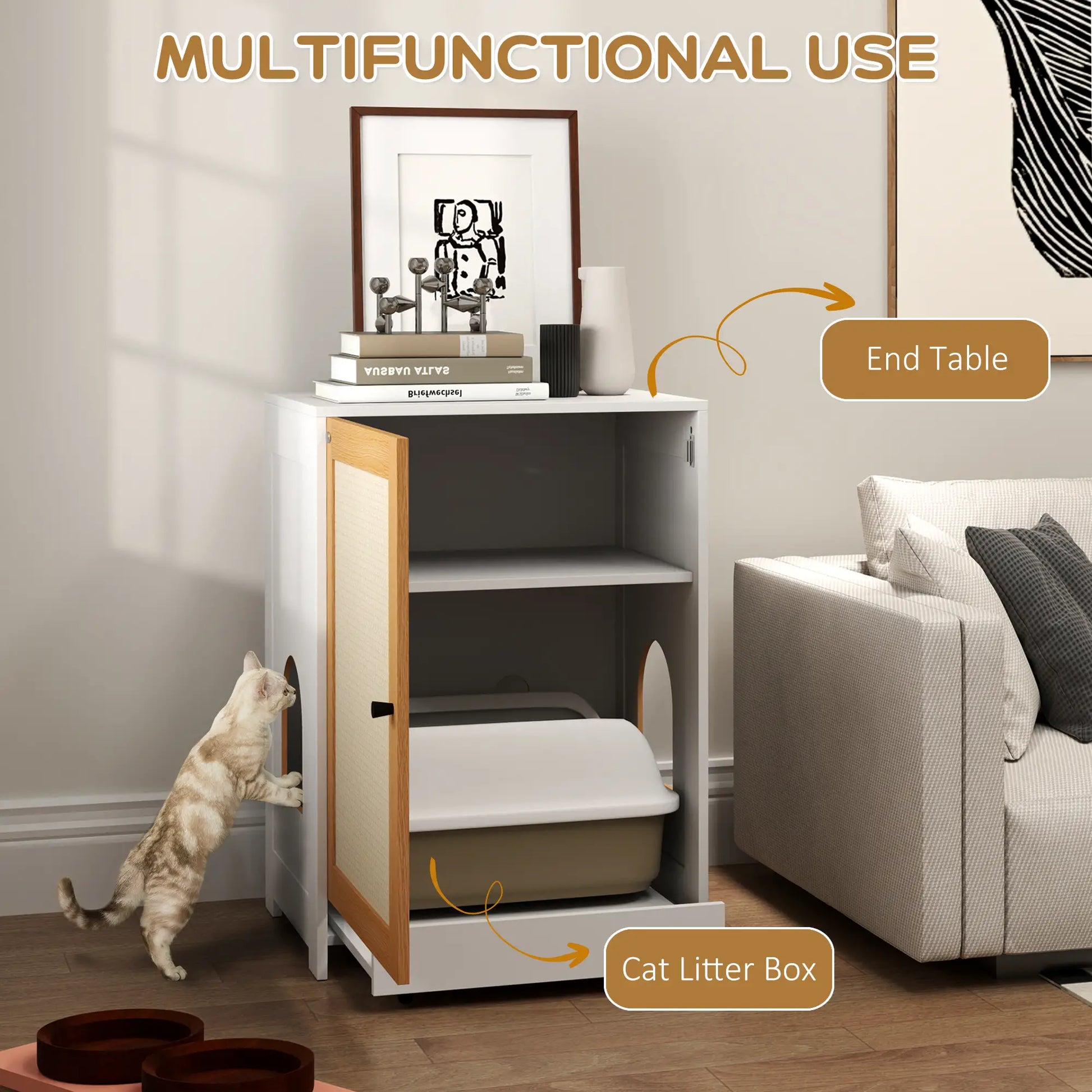 Hidden Cat Litter Box Enclosure, Pull-Out Tray, Storage Cabinet, Scratching Mat, Oak Cat Litter Box Enclosures at Gallery Canada