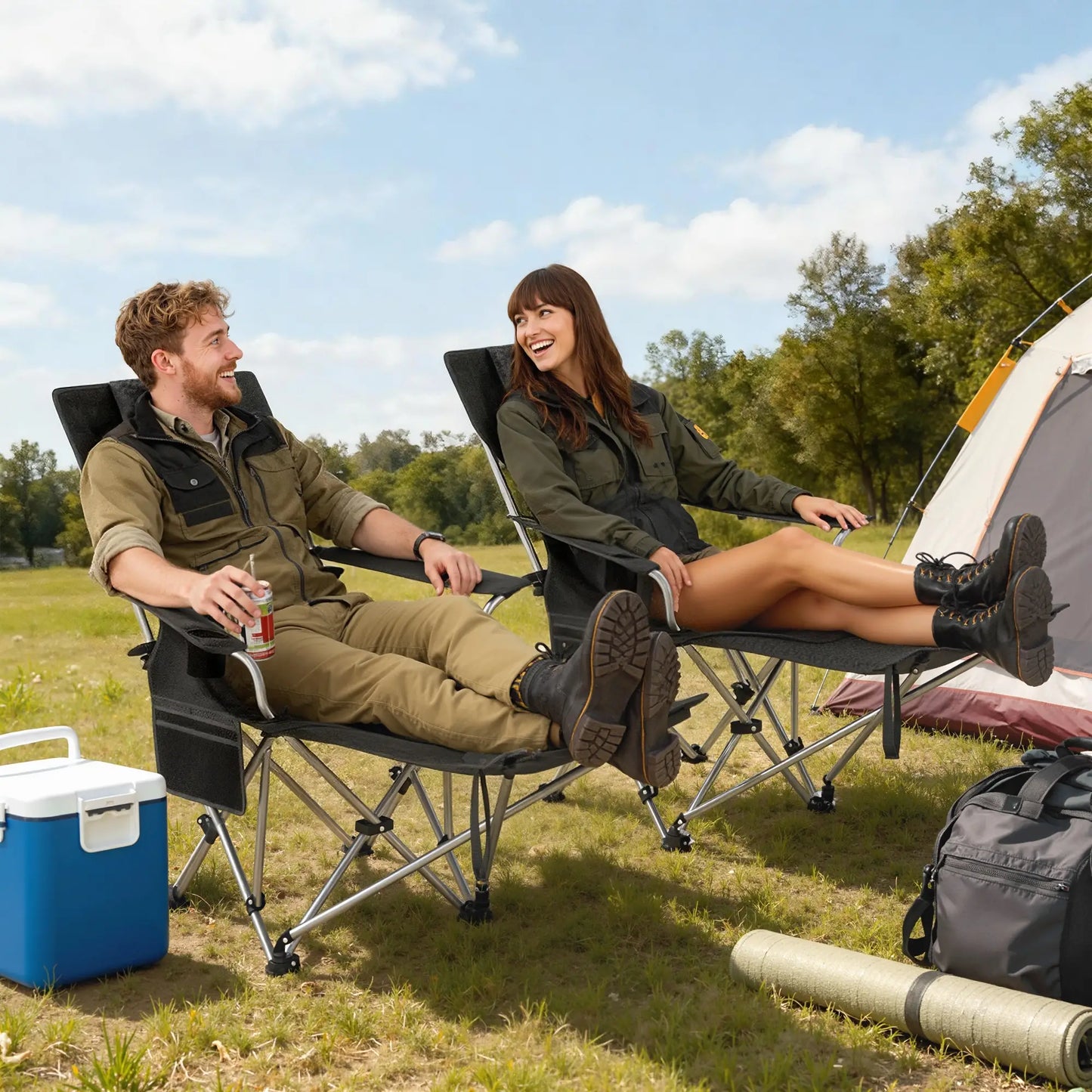 Set of 2 Reclining Camping Chairs with Foot Rest, Headrest, Cup Holder, Storage Bag, Black Picnic Tables & Camping Chairs at Gallery Canada