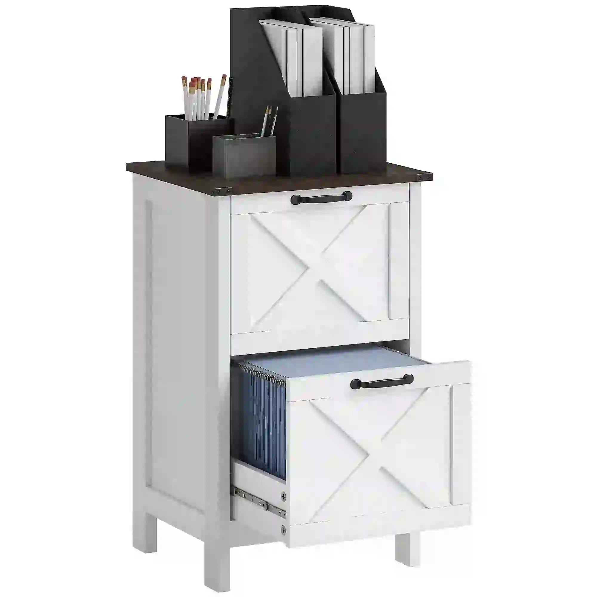 2 Drawer Vertical Filing Cabinet, Rustic Farmhouse, A4 Letter Size, Distressed White, White Office Cabinets & Cupboards at Gallery Canada