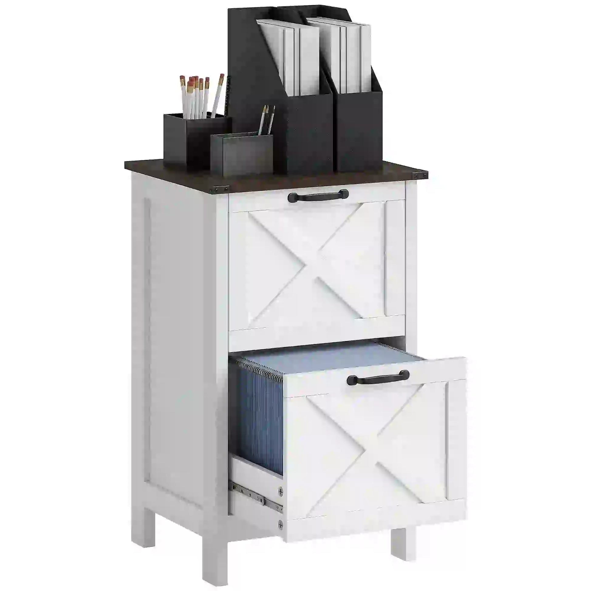 2 Drawer Vertical Filing Cabinet, Rustic Farmhouse, A4 Letter Size, Distressed White, White Office Cabinets & Cupboards at Gallery Canada