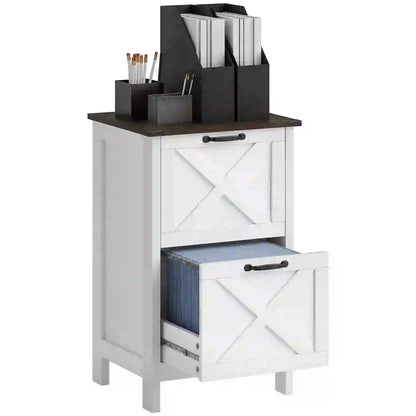 2 Drawer Vertical Filing Cabinet, Rustic Farmhouse, A4 Letter Size, Distressed White, White Office Cabinets & Cupboards at Gallery Canada