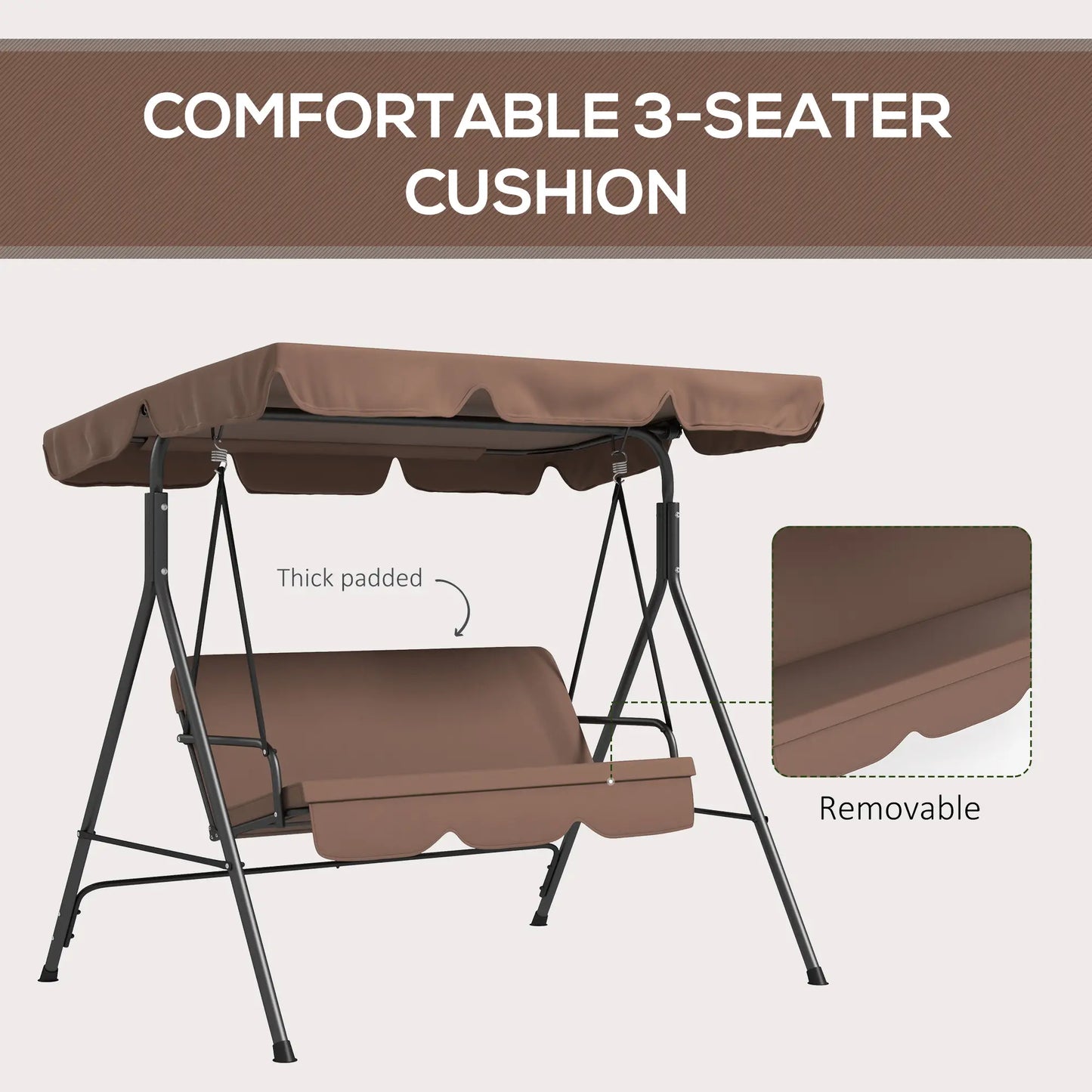 3-Seater Outdoor Porch Swing, Adjustable Canopy, Brown Patio Swings with Stand at Gallery Canada