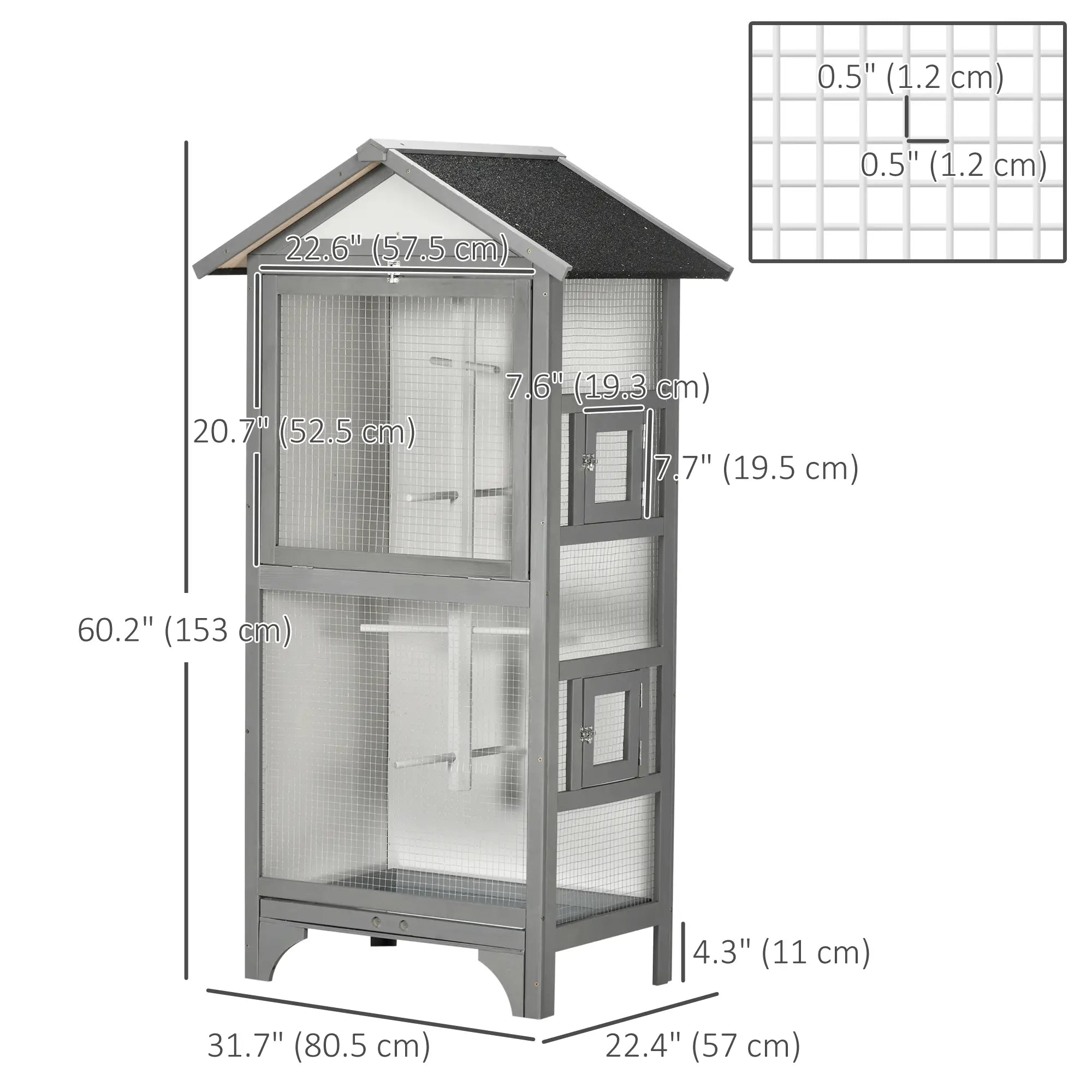 Wooden Bird Aviary Parrot Cage, Removable Tray, 2 Doors, 4 Perches, Light Grey Bird Cages at Gallery Canada