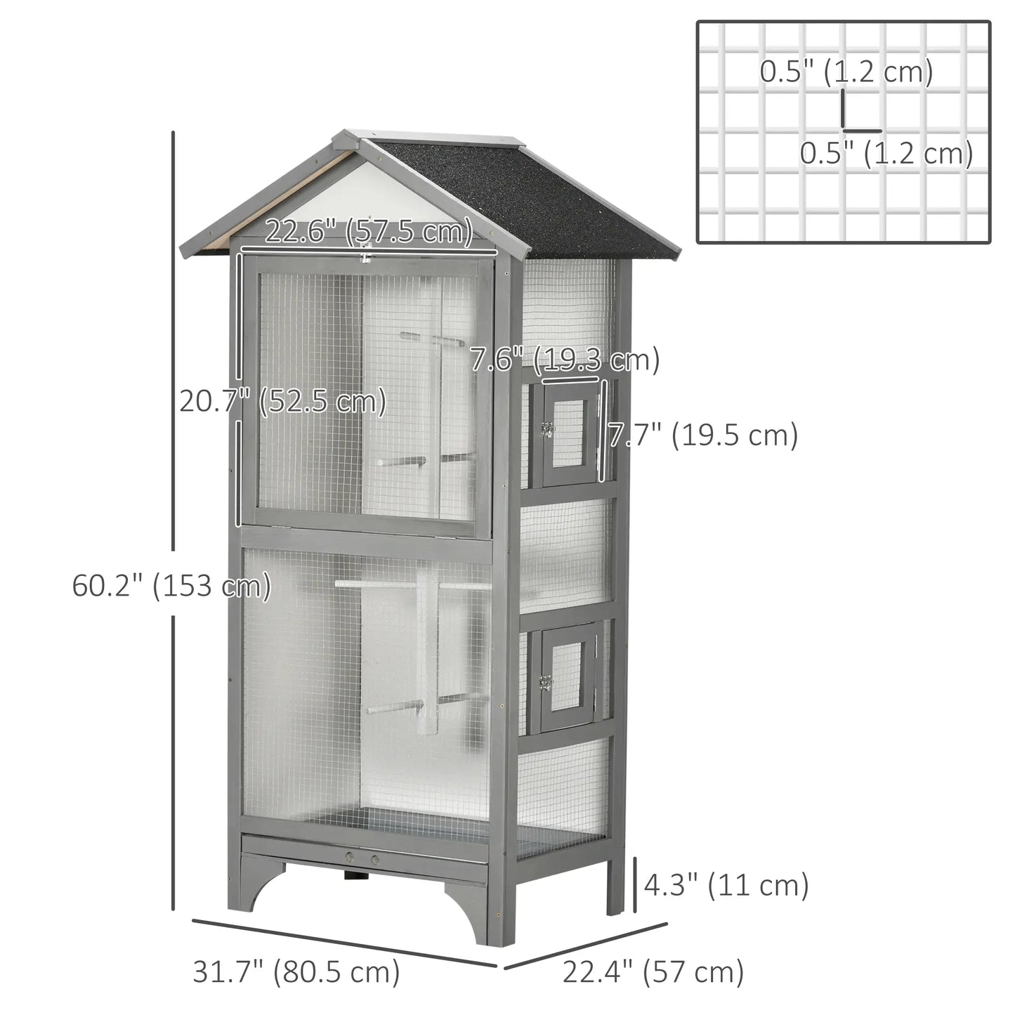 Wooden Bird Aviary Parrot Cage, Removable Tray, 2 Doors, 4 Perches, Light Grey Bird Cages at Gallery Canada