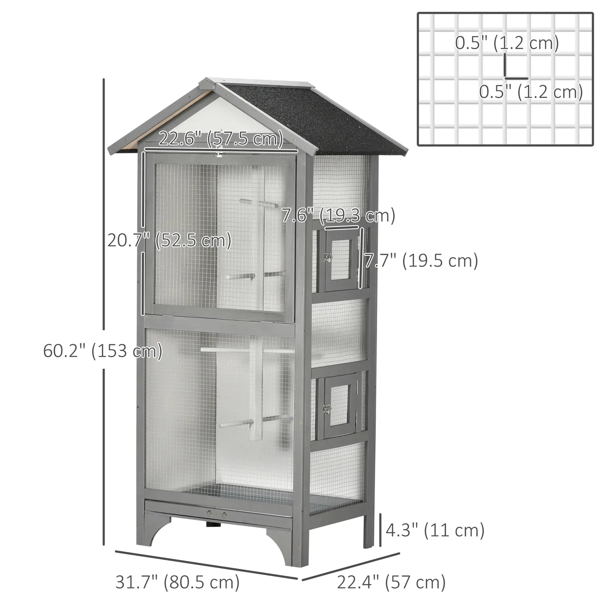 Wooden Bird Aviary Parrot Cage, Removable Tray, 2 Doors, 4 Perches, Light Grey Bird Cages at Gallery Canada