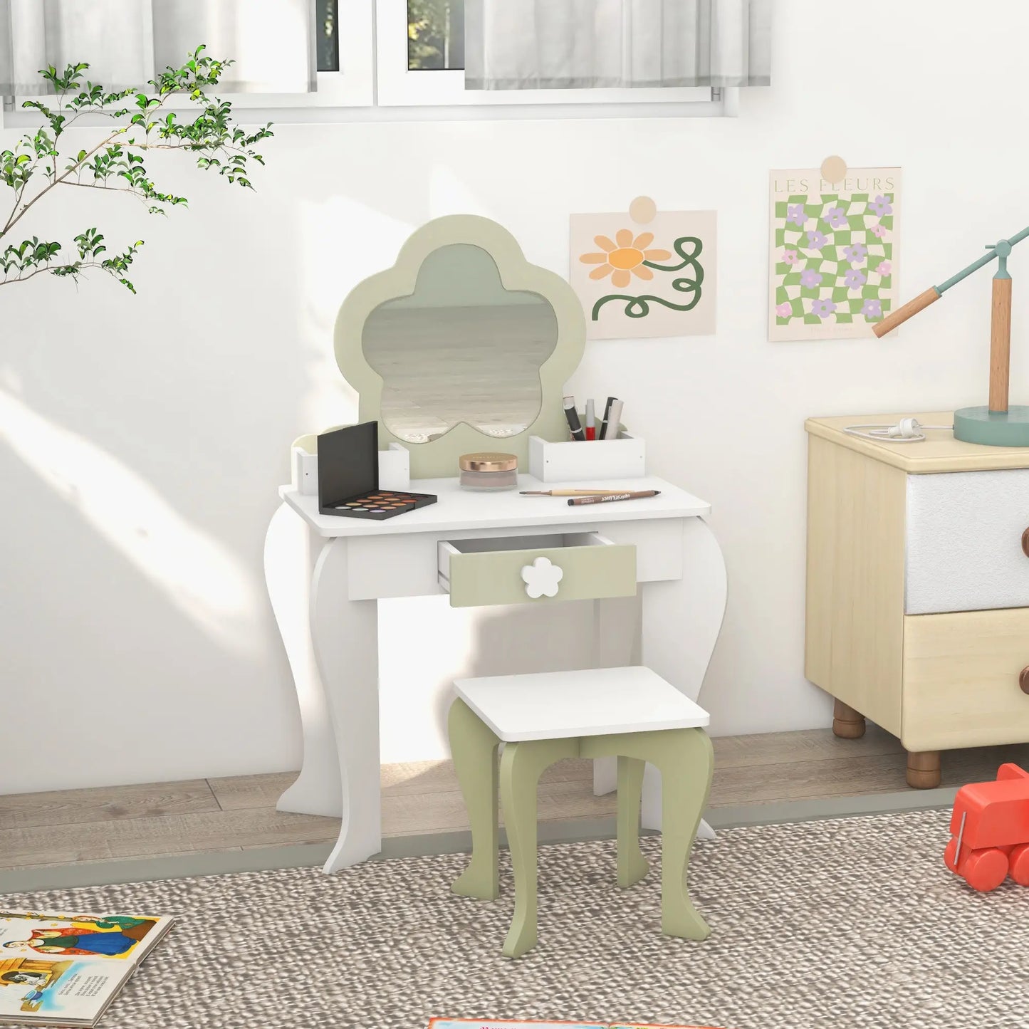 Kids Makeup Vanity Set with Stool, Mirror, Drawer, Storage Boxes, White Toy Vanity at Gallery Canada