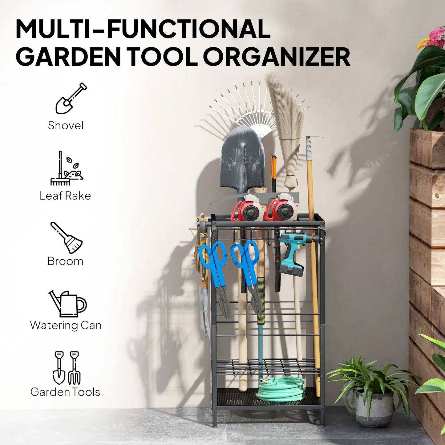 3-Tier Yard Tool Rack, Garden Organizer with 14 Hooks, Black Garden Accessories at Gallery Canada