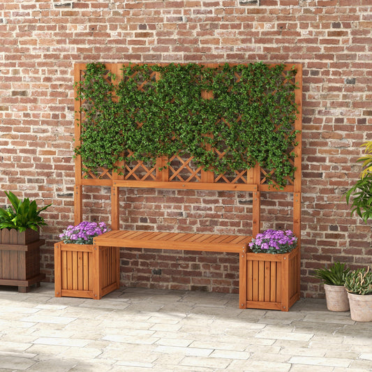 Wood Outdoor Bench with Trellis for Climbing Plants and 2 Planter Boxes Garden Planter with Bench Privacy Panel Brown - Gallery Canada