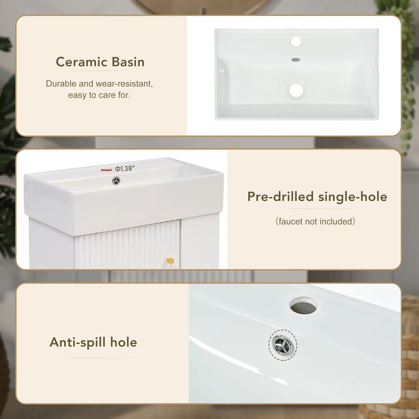 Floating Bathroom Vanity, Ceramic Basin, Right Storage, Rose Gold Handle, 21.5" L x 12" W x 26.5" H, White Sink Cabinets at Gallery Canada
