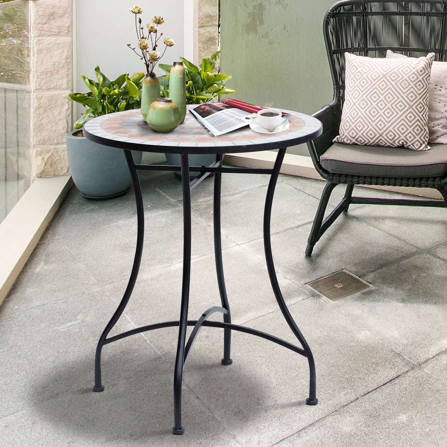 23.5" Round Mosaic Patio Table, Metal Outdoor Coffee Table, Ceramic Top Patio Side Tables at Gallery Canada