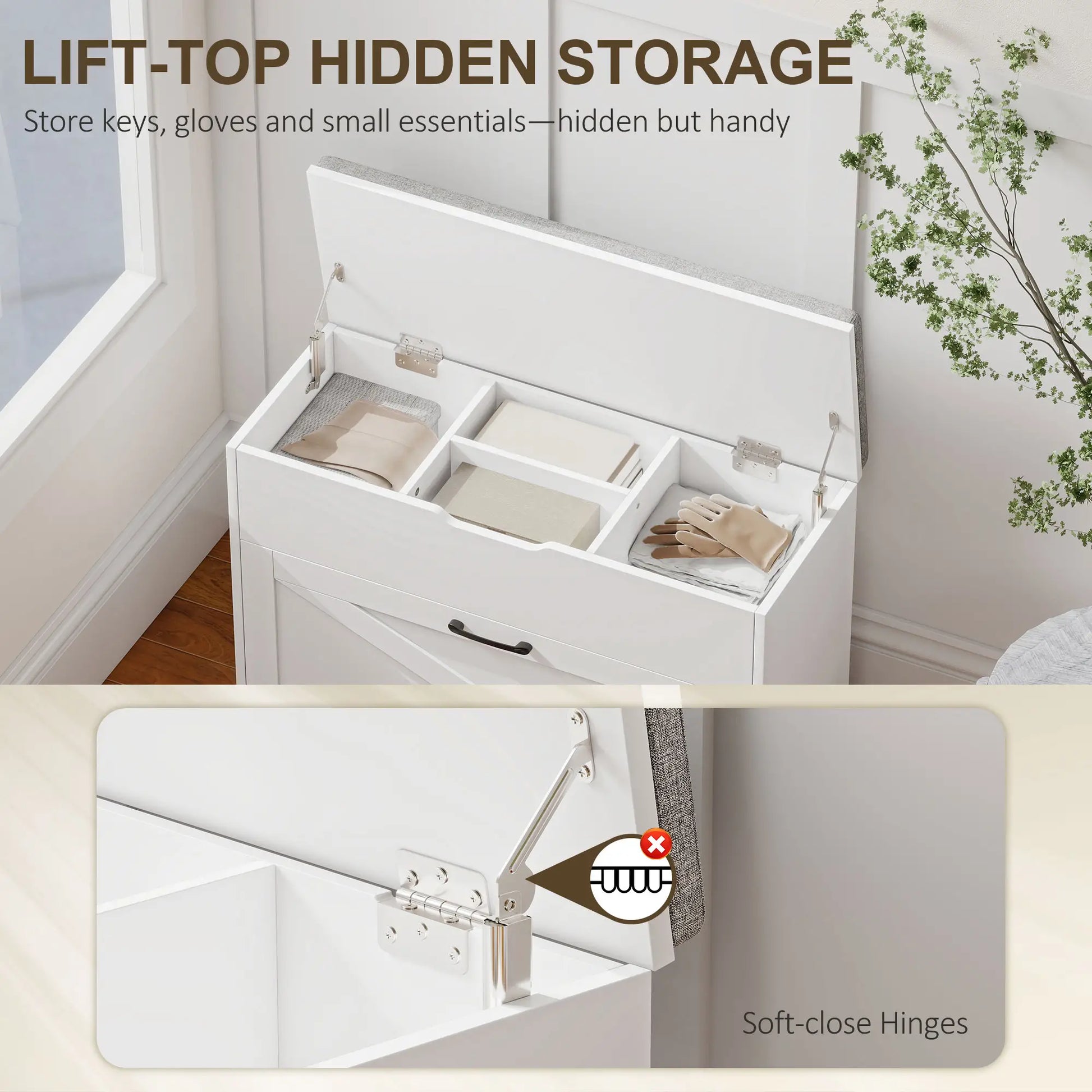 Shoe Storage Bench with Flip Drawer, Lift Top, Seat Cushion, White Shoe Storage Cabinets & Racks at Gallery Canada