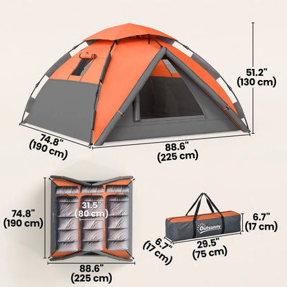 Pop up Camping Tent, 3-4 Man Family Tent, 3000mm Waterproof, with Carry Bag and Top Hook, Dark Grey and Orange Camping Tents at Gallery Canada
