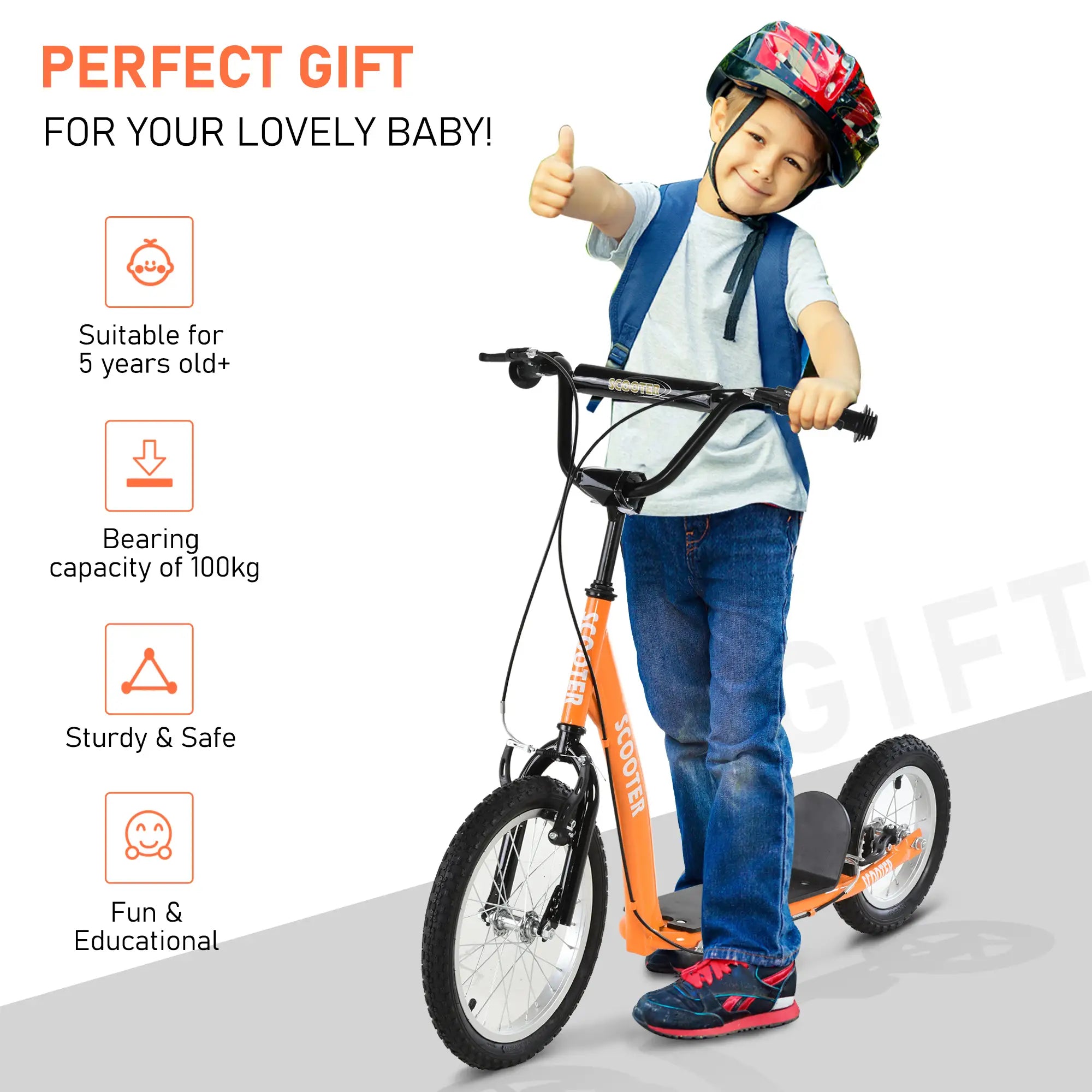 Kids Scooter, Adjustable Handlebar, Dual Brakes, Inflatable Wheels, Age 5+, Orange Scooters at Gallery Canada