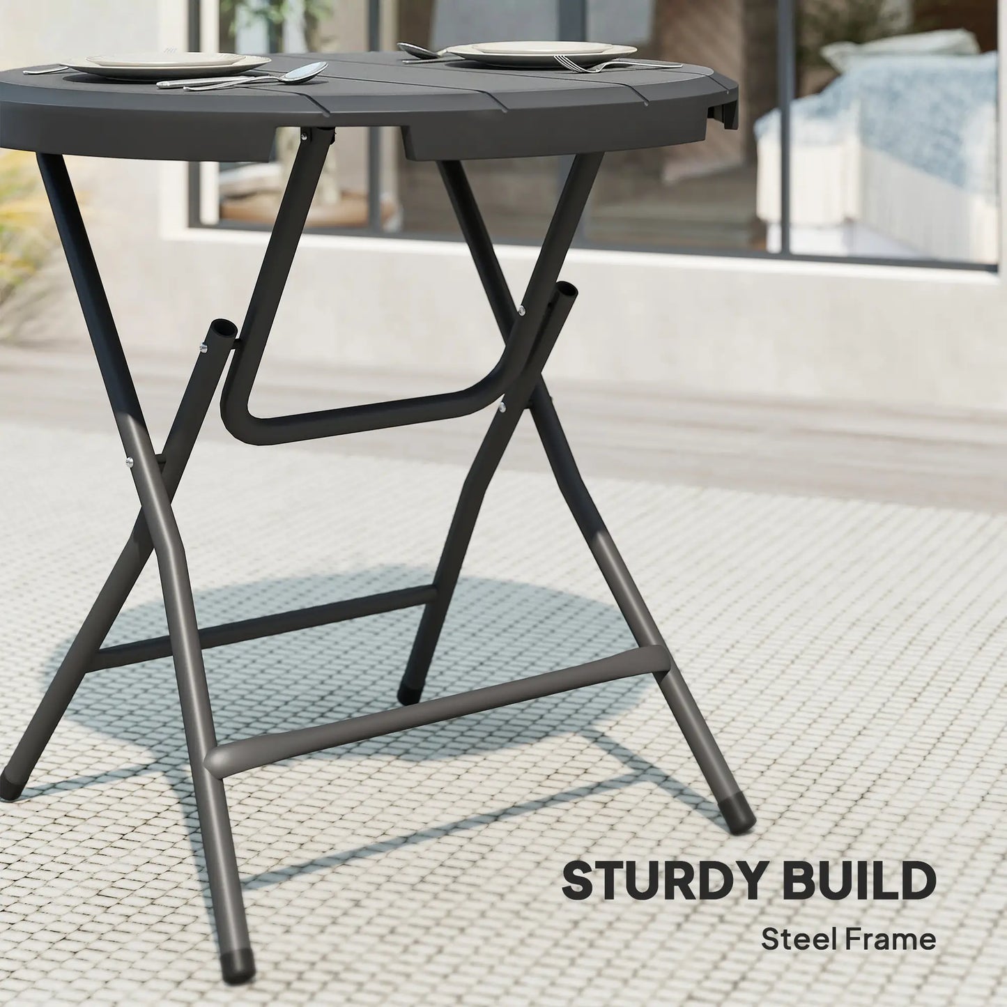 Foldable Round Outdoor Dining Table for 4, HDPE Tabletop, Steel Frame, Dark Grey Patio Dinning Tables at Gallery Canada