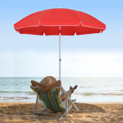 6.4ft Beach Umbrella, Aluminum Pole, Adjustable Tilt, Carry Bag, Red