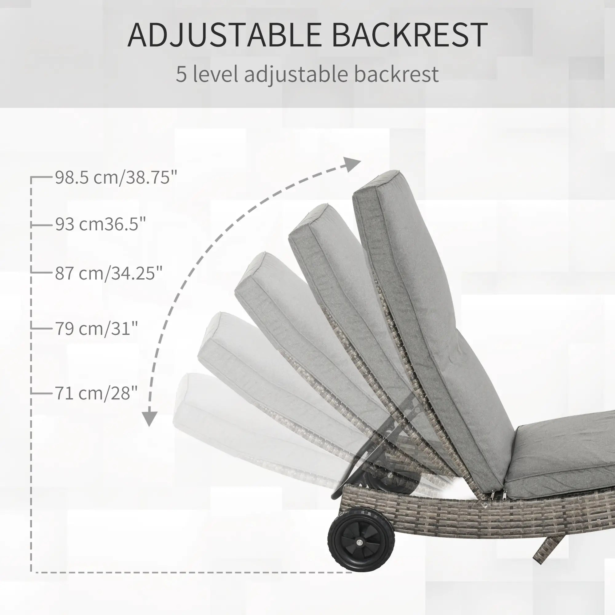 Adjustable Wicker Chaise Lounge Chair with Cushion, Wheels, Grey Chaise Loungers at Gallery Canada