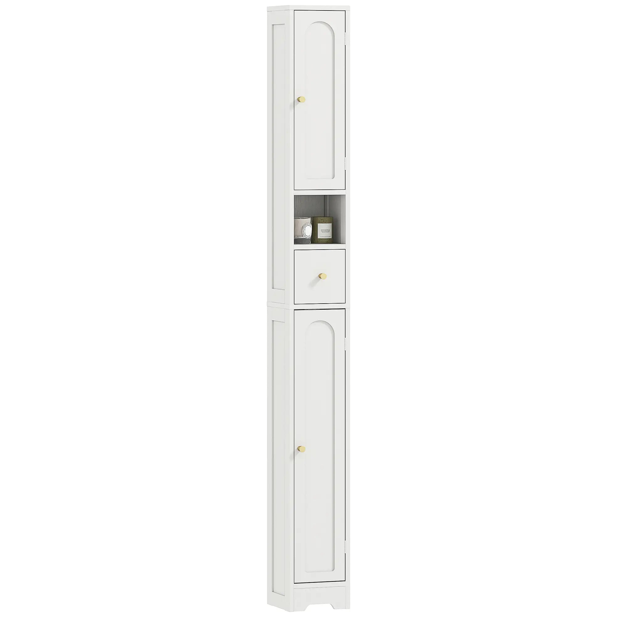 Tall Bathroom Cabinet, Modern Slim Storage, Arched Doors, White Freestanding Bathroom Cabinets at Gallery Canada