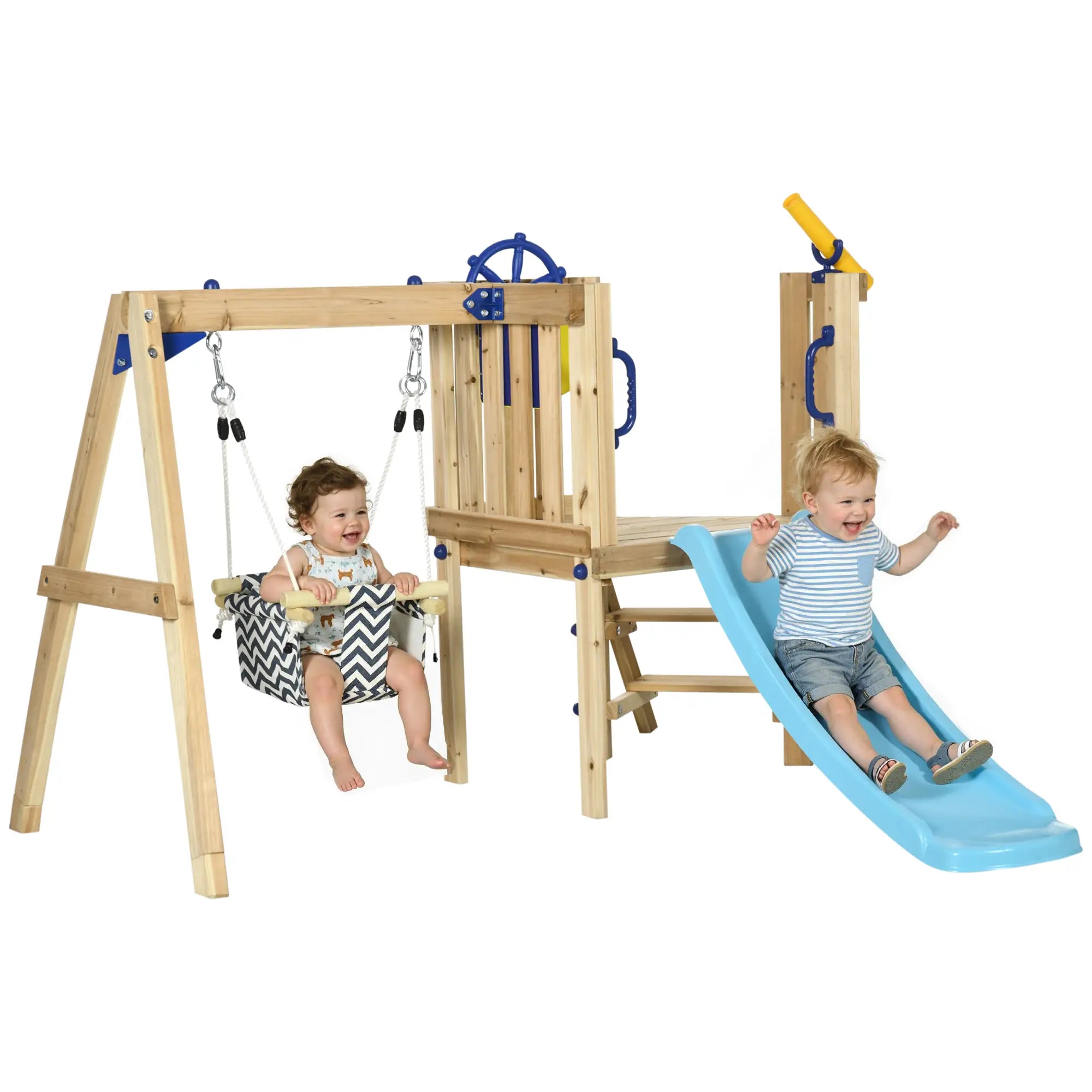Wooden Kids Swing Set With Slide, Swing Seat, Captain's Wheel, Telescope, Natural Gym Sets & Swings at Gallery Canada