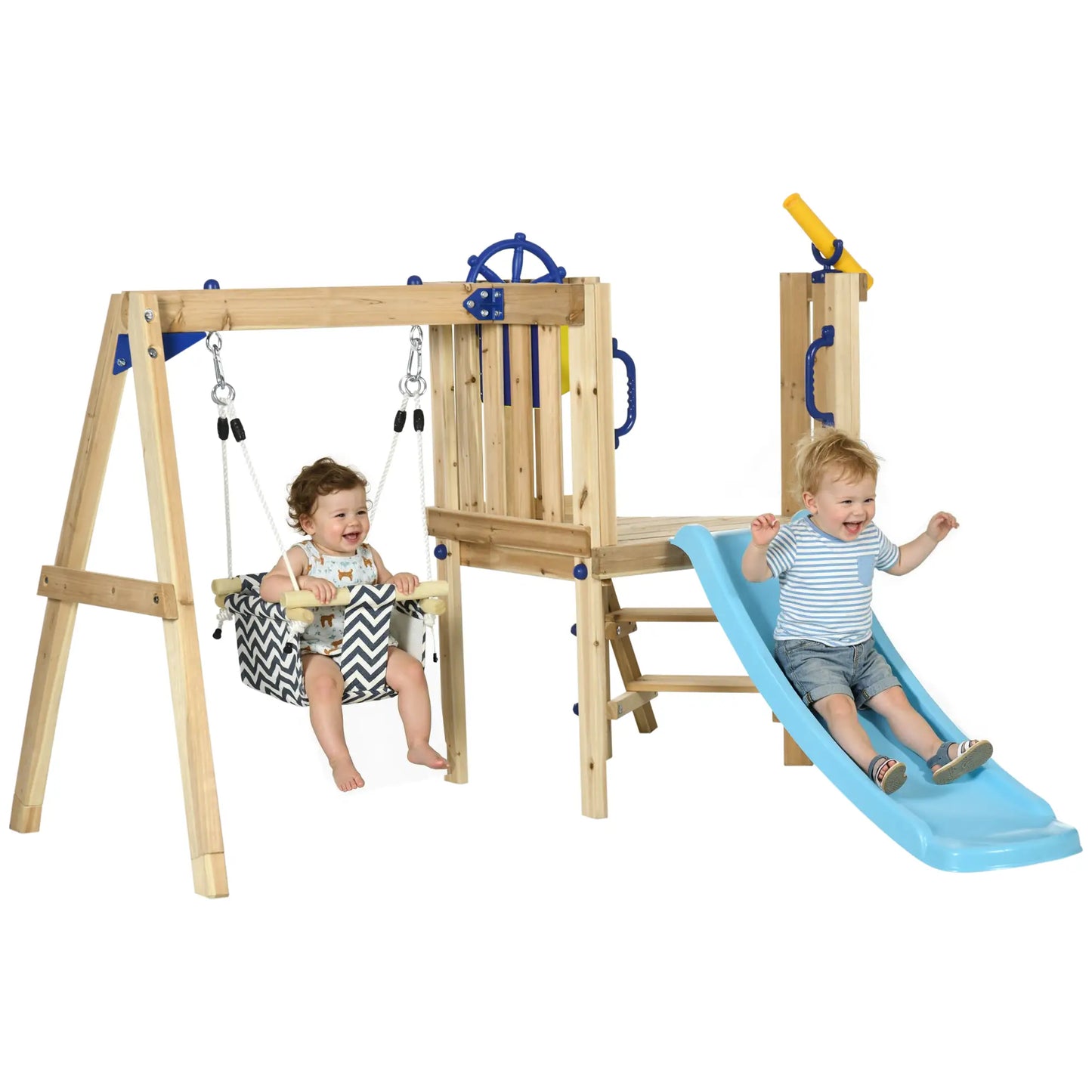 Wooden Kids Swing Set With Slide, Swing Seat, Captain's Wheel, Telescope, Natural Gym Sets & Swings at Gallery Canada