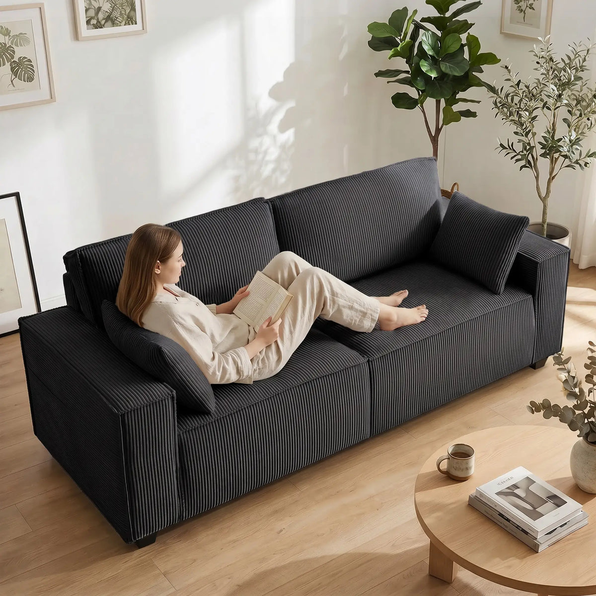 86" 3 Seater Sofa, Modern Corduroy Couch, Dark Grey 3-Seater Sofas at Gallery Canada
