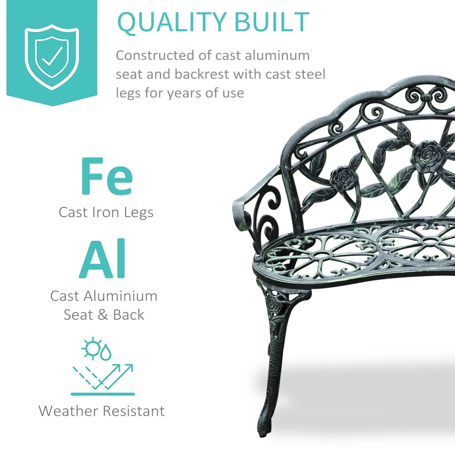 40" Outdoor Garden Bench, Cast Aluminum Antique Rose, Green Outdoor Benches at Gallery Canada