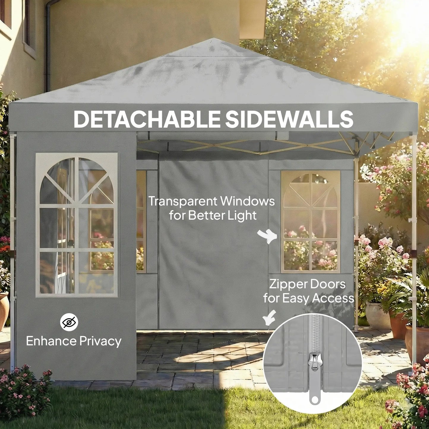 9.6 x 9.6 ft Pop Up Canopy Tent, 4 Sidewalls, UPF 50+, Light Grey Pop Up Canopies at Gallery Canada