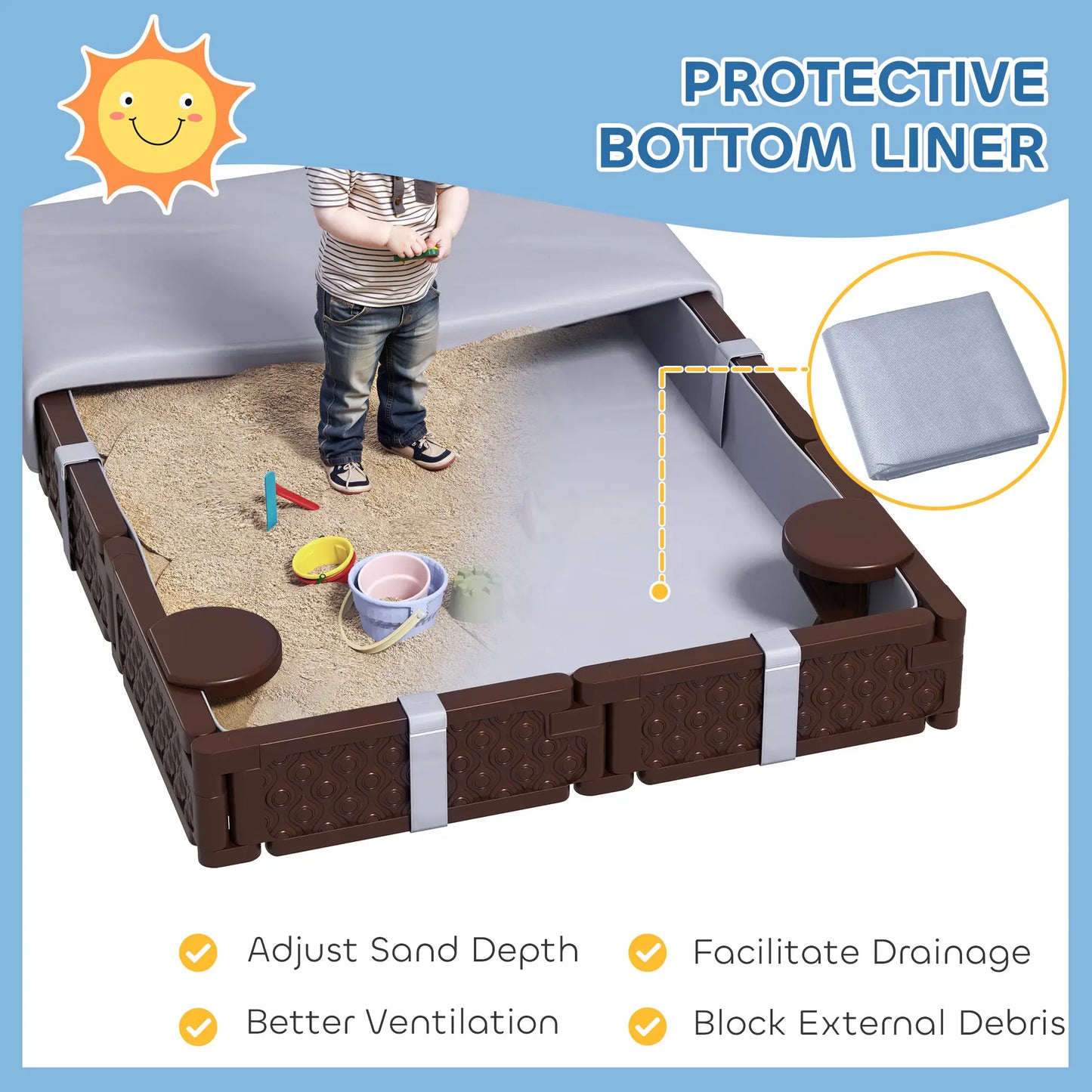 Kids Sandbox With Cover, 4 Corner Seats, 73" x 47" x 9", Dark Brown Sandboxes & Accessories at Gallery Canada