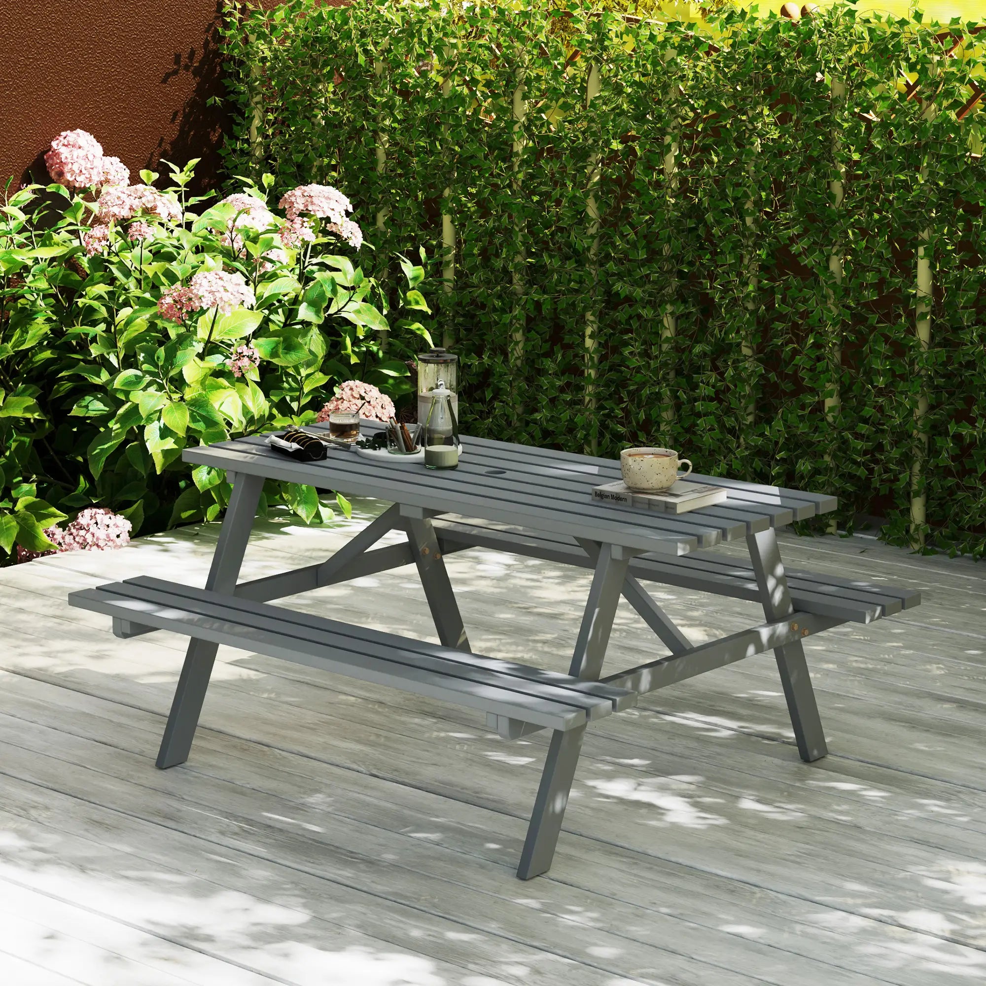 Wood Picnic Table With Umbrella Hole, Camping Table Bench Set, Grey Picnic Tables & Camping Chairs at Gallery Canada