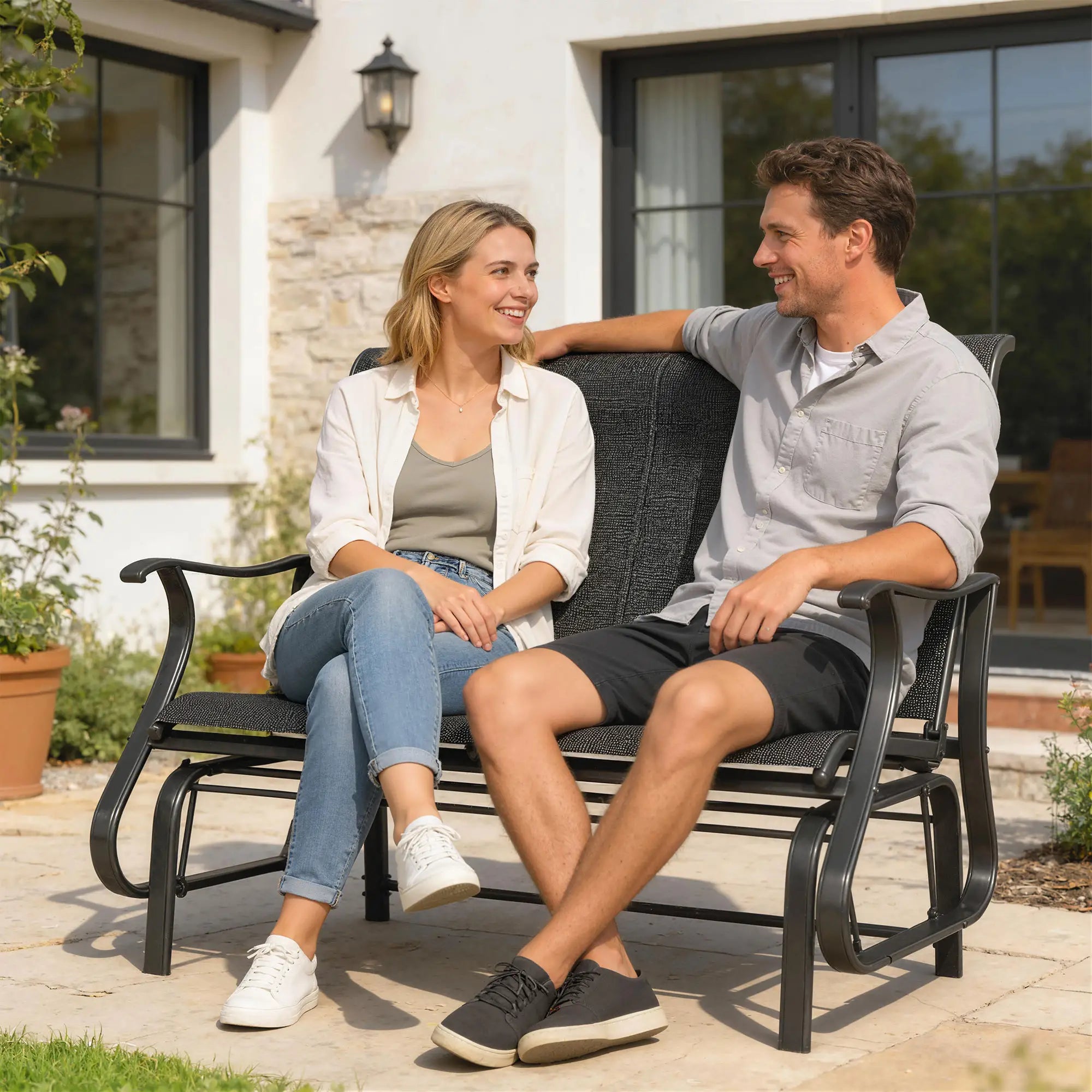 Garden Double Gliding Chair, Steel Frame, Mesh Seat Backrest, Black Outdoor Gliders at Gallery Canada
