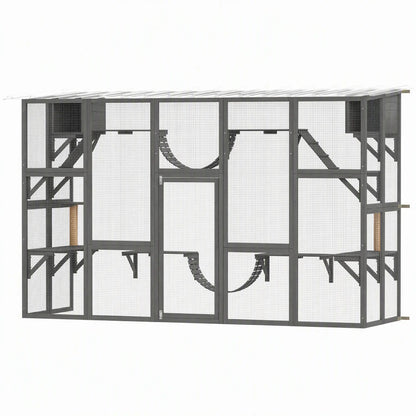 74"H Walk-in Cat Enclosure, Waterproof Roof, 2 Condos, 6 Platforms Outdoor Cat Enclosures Grey at Gallery Canada