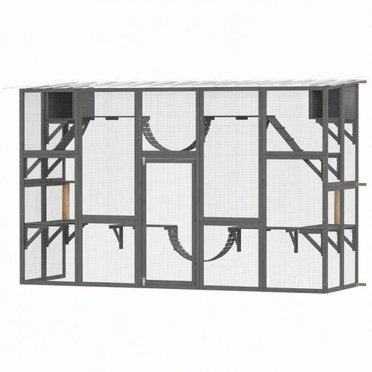 74"H Walk-in Cat Enclosure, Waterproof Roof, 2 Condos, 6 Platforms Outdoor Cat Enclosures Grey at Gallery Canada