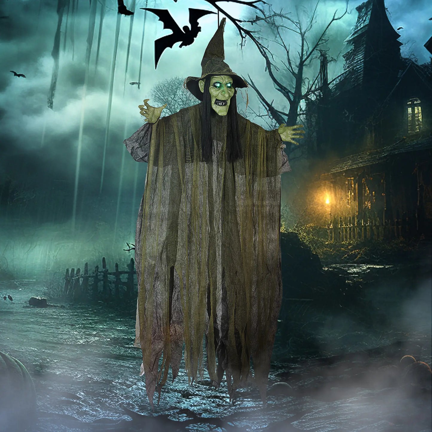 Animatronics Hanging Witch, Voice Activated, Flashing Eyes, Green Halloween Decorations at Gallery Canada