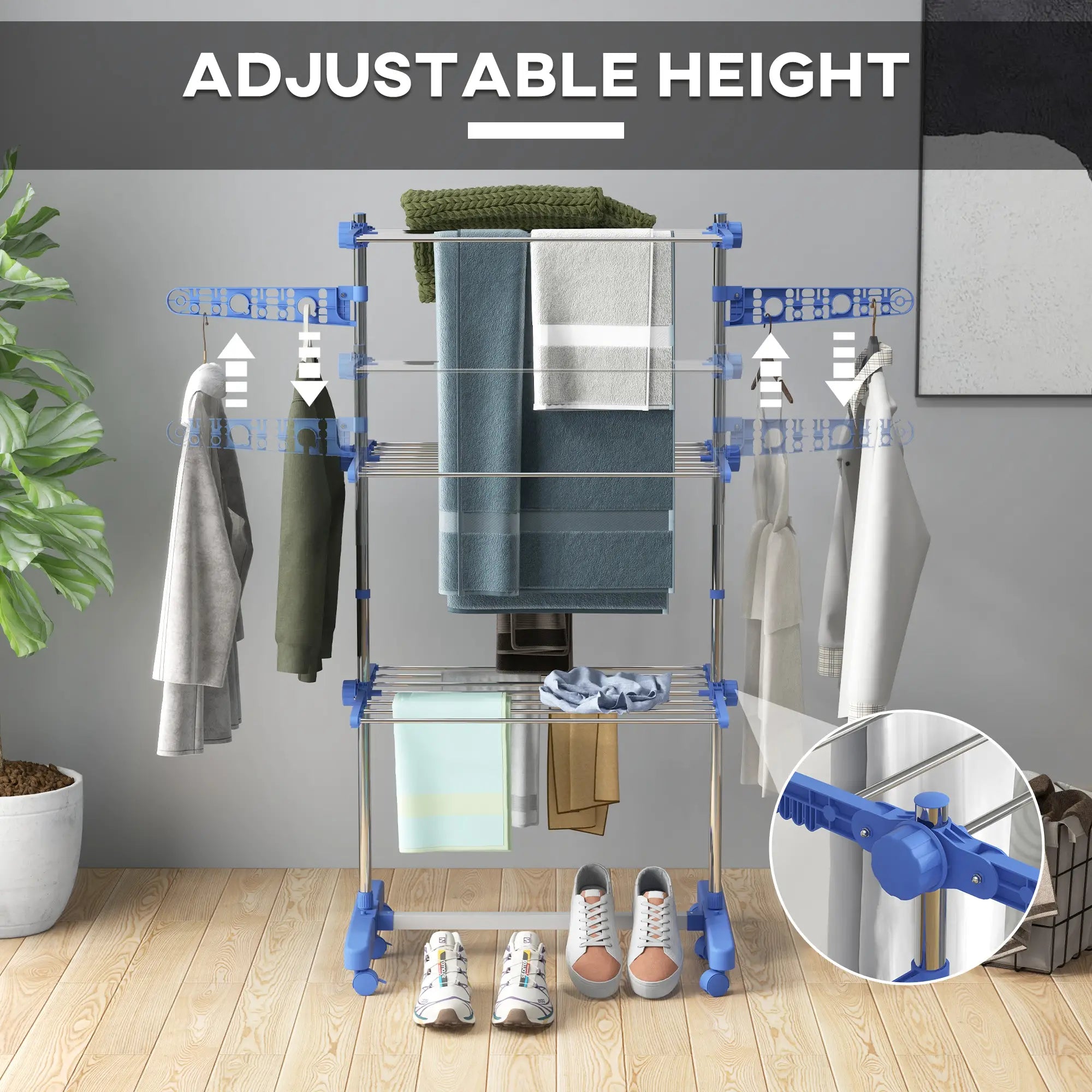 3-Tier Clothes Drying Rack, Stainless Steel Laundry Rack with 2 Side Wings and 6 Castors, Collapsible Adjustable Clothes Airer for Indoor Outdoor, Blue Bath Accessories at Gallery Canada