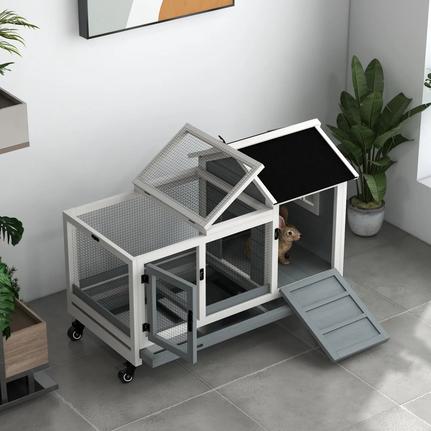 Rabbit Cage With Wheels, Ramp, Run, Tray, Indoor Outdoor, Grey