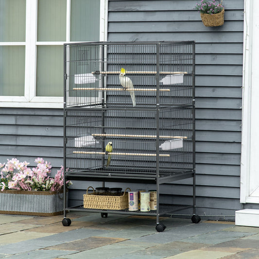 52'' Large Rolling Steel Bird Cage Bird House with Rolling Stand, Storage Shelf, Wood Perch, Food Container, Dark Grey - Gallery Canada