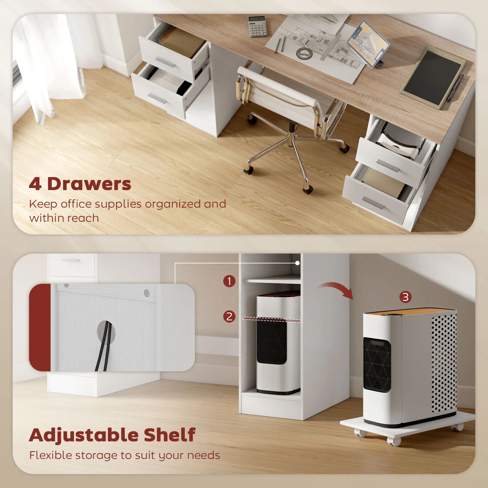 55 Inch Office Desk, White Wood Grain, 4 Reversible Drawers, Adjustable Shelf, White Computer Desks at Gallery Canada