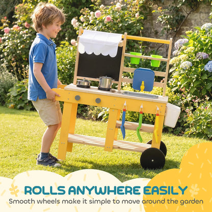 Kids Mud Kitchen With Wheels, Wooden Play Kitchen With Sink, Storage, Planting Pots, Blackboard, Yellow Play Kitchen at Gallery Canada