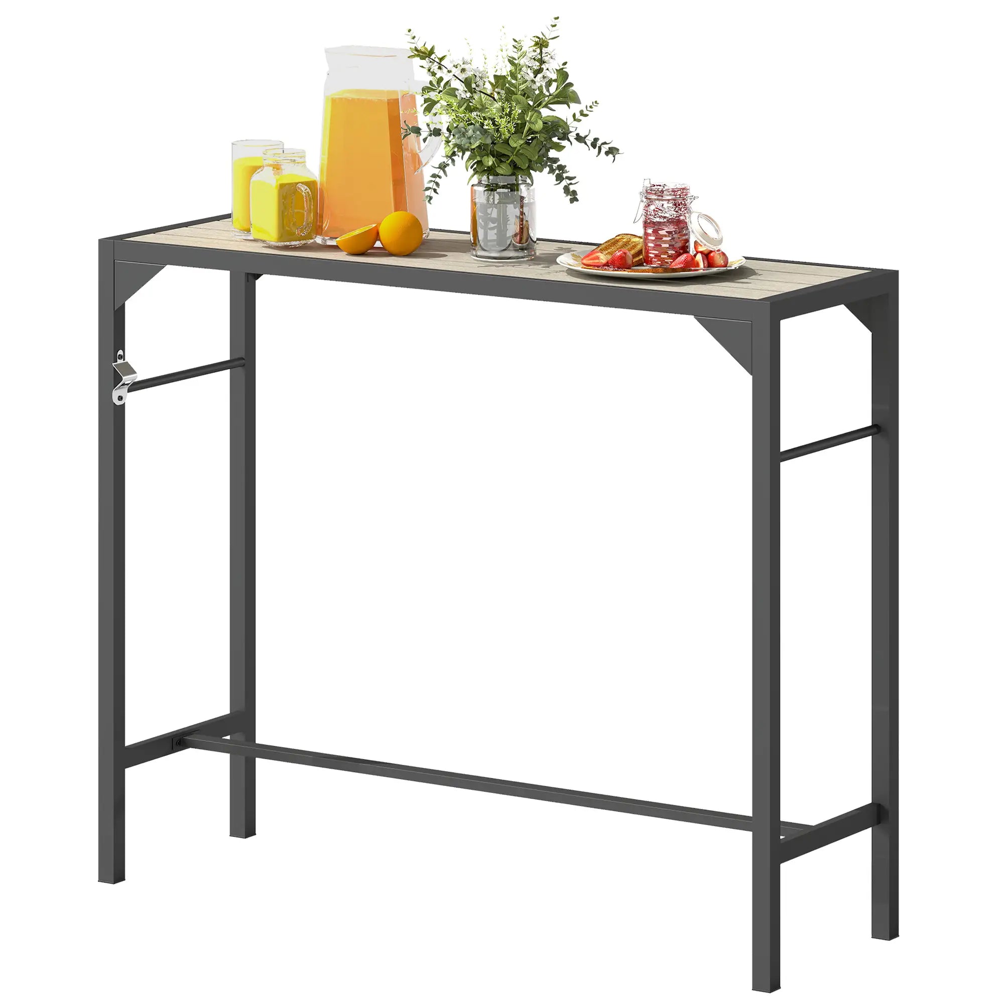 Bar Height Outdoor Table with Built-In Bottle Opener, Patio Bar Table with Wood Grain Plastic Top, 47.2