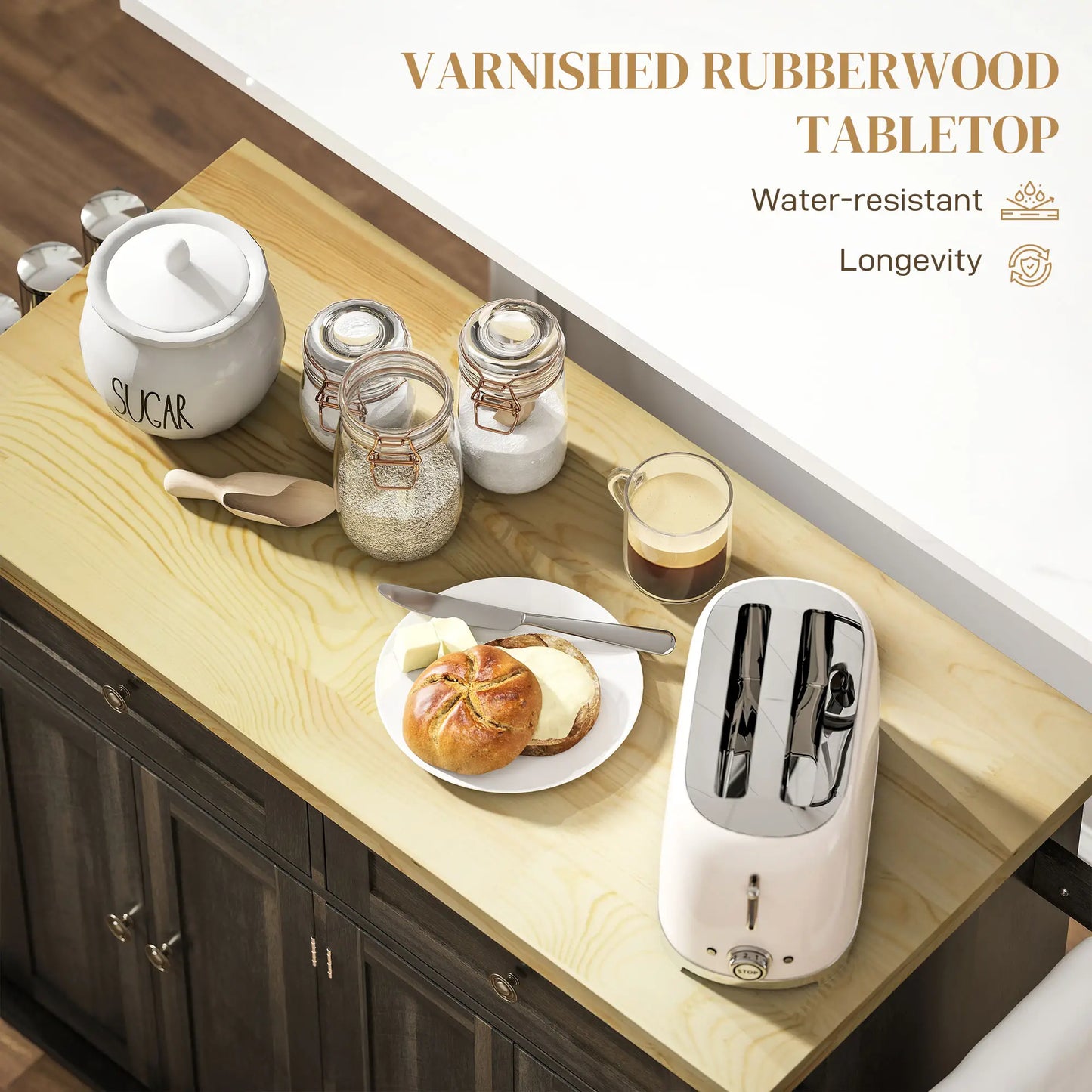 Kitchen Island with Storage, Rolling Cart, Rubber Wood Top, Brown Oak, Brown Kitchen Islands & Kitchen Carts at Gallery Canada