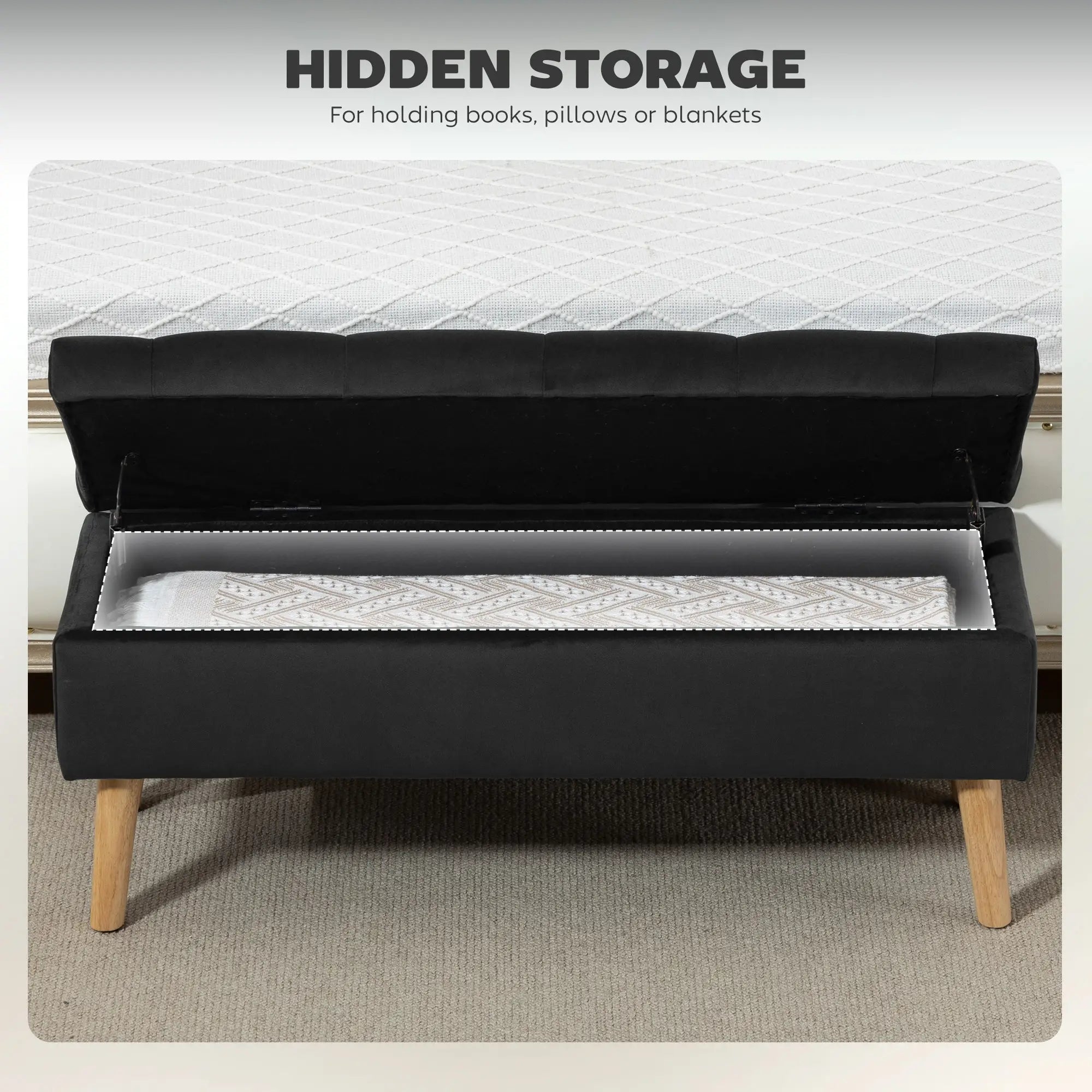 Velvet Storage Ottoman with Lid, Wood Legs, Black Storage Ottomans & Benches at Gallery Canada