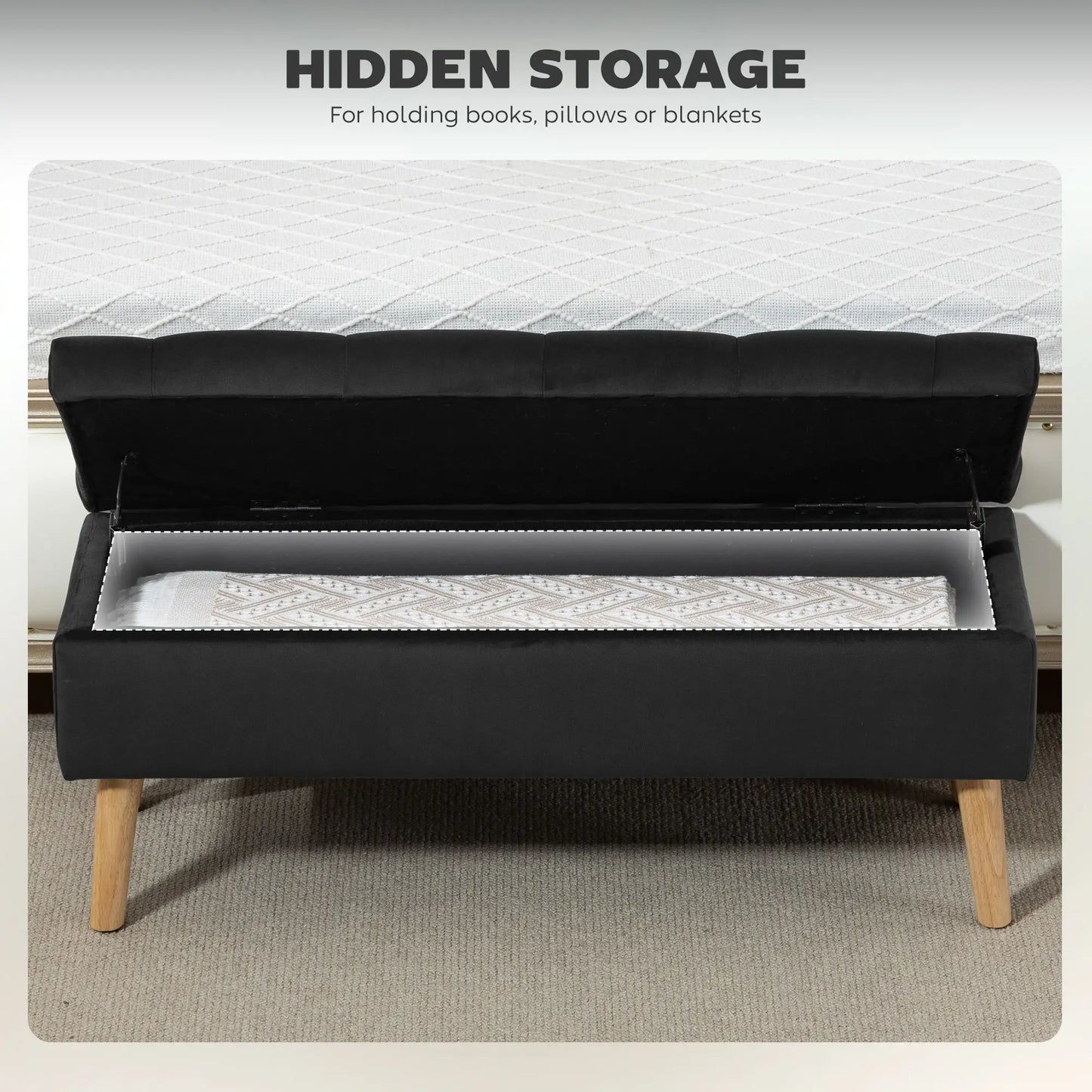 Velvet Storage Ottoman with Lid, Wood Legs, Black Storage Ottomans & Benches at Gallery Canada
