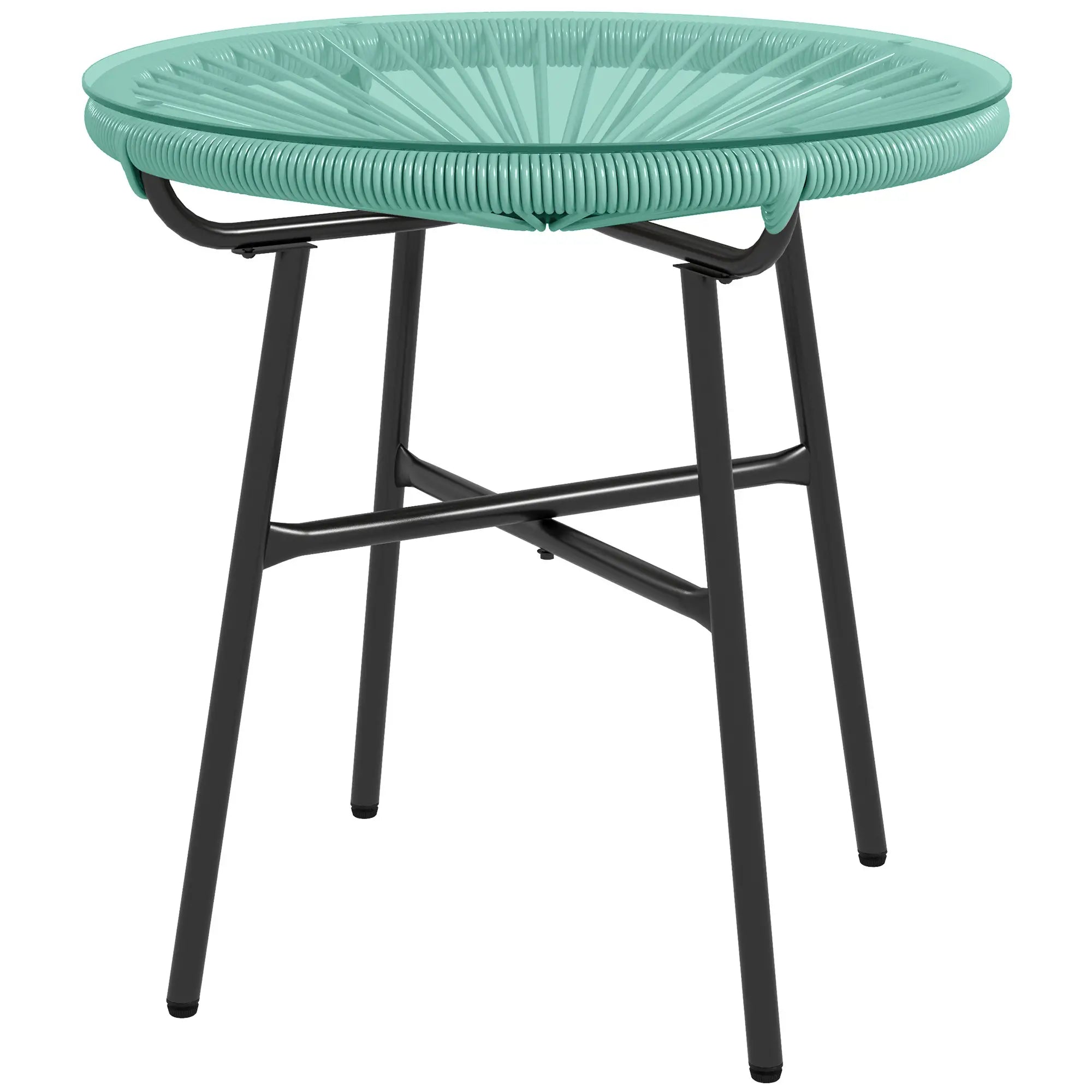 Round Outdoor Rattan Side Table, Tempered Glass Top, Light Green Patio Side Tables Black Frame, Light Green PE Rattan at Gallery Canada