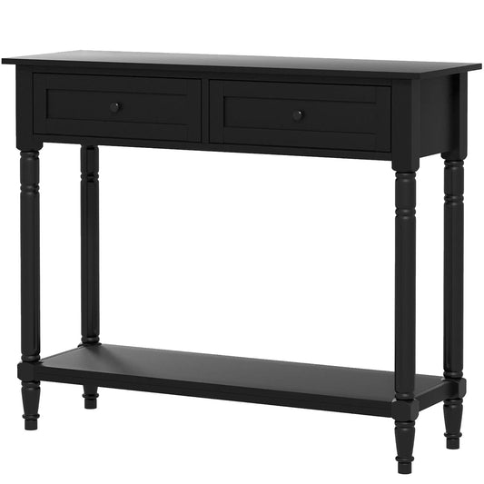 Table Console Moderne pour Couloir, 2 Tiroirs, Étagère de Rangement, Pieds Tournés, Noir