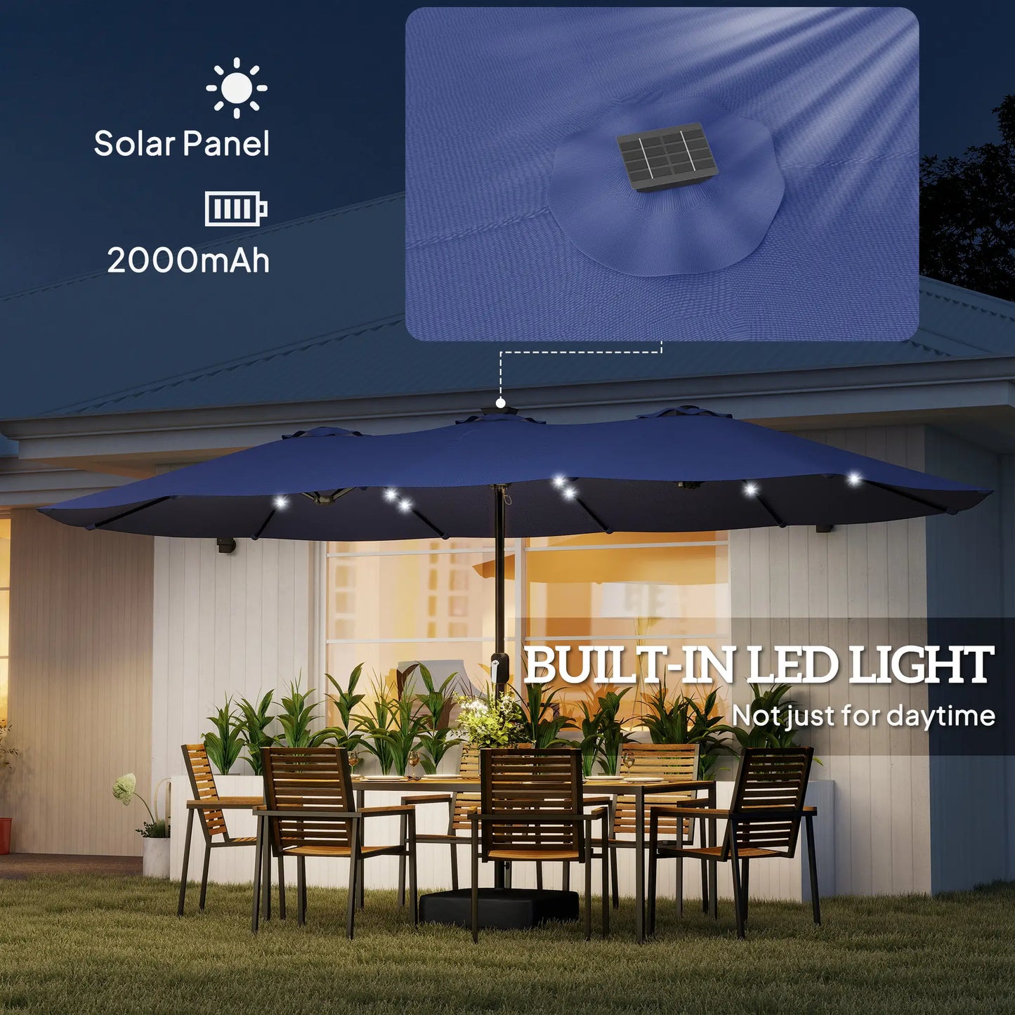 Double-Sided Patio Umbrella, 15ft, 48 LED Lights, Base Included, Dark Blue Double-sided Umbrellas at Gallery Canada