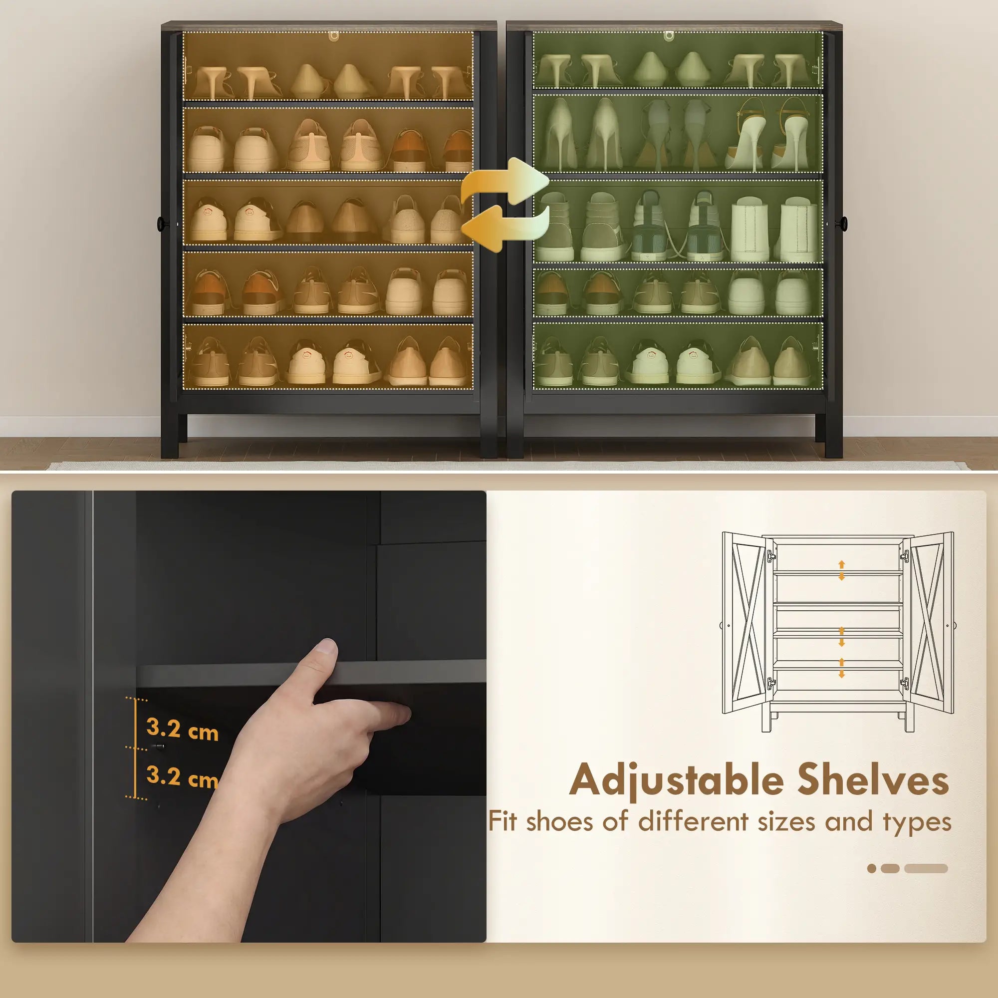 Shoe Cabinet With Barn Doors, Adjustable Shelves, 15 Pairs, Black Shoe Storage Cabinets & Racks at Gallery Canada