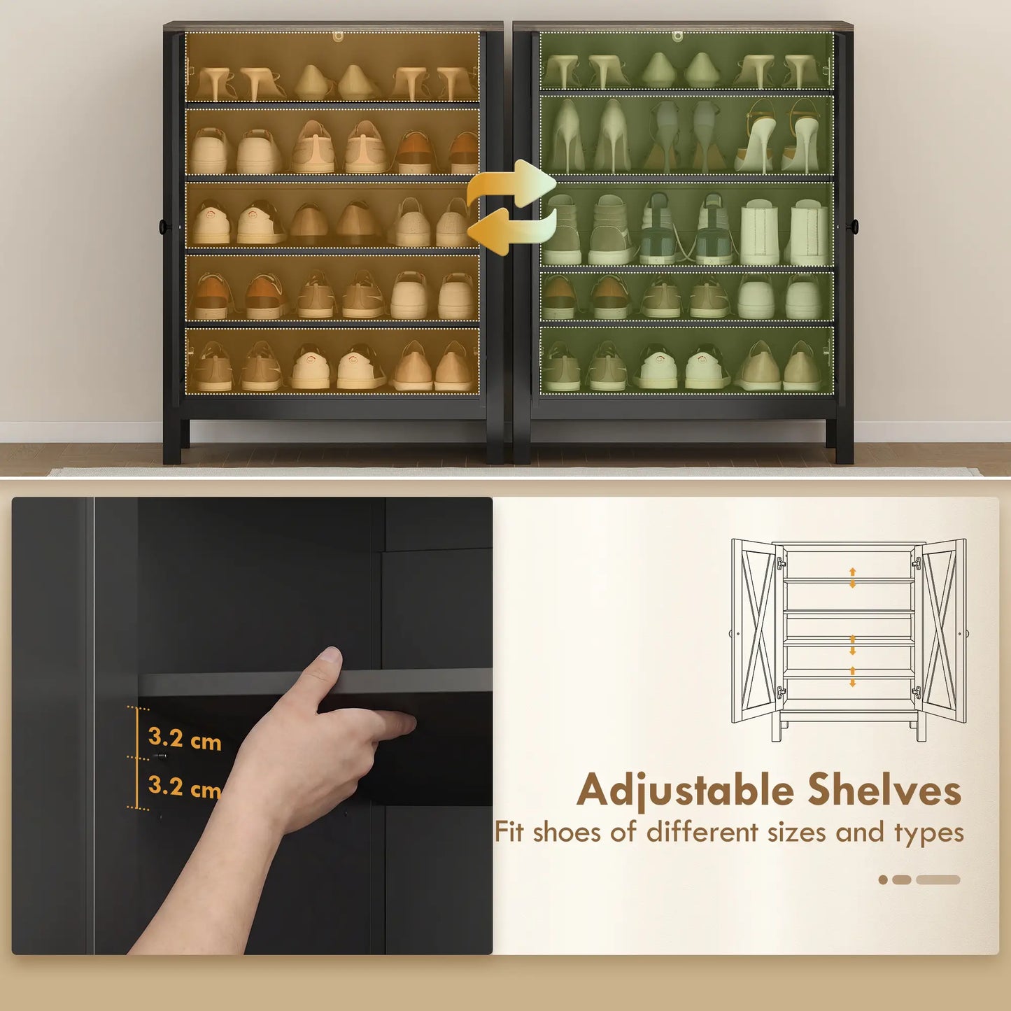 Shoe Cabinet With Barn Doors, Adjustable Shelves, 15 Pairs, Black Shoe Storage Cabinets & Racks at Gallery Canada