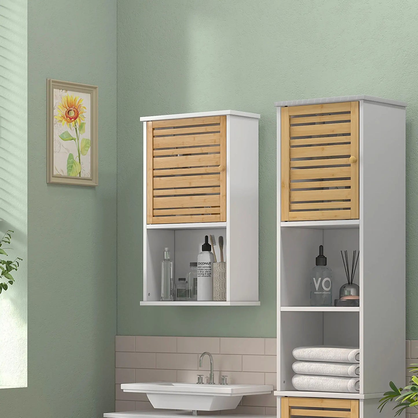 Wall Mounted Bathroom Cabinet, Bamboo Slat Door, Adjustable Shelf, White Wall Mounted Cabinets at Gallery Canada