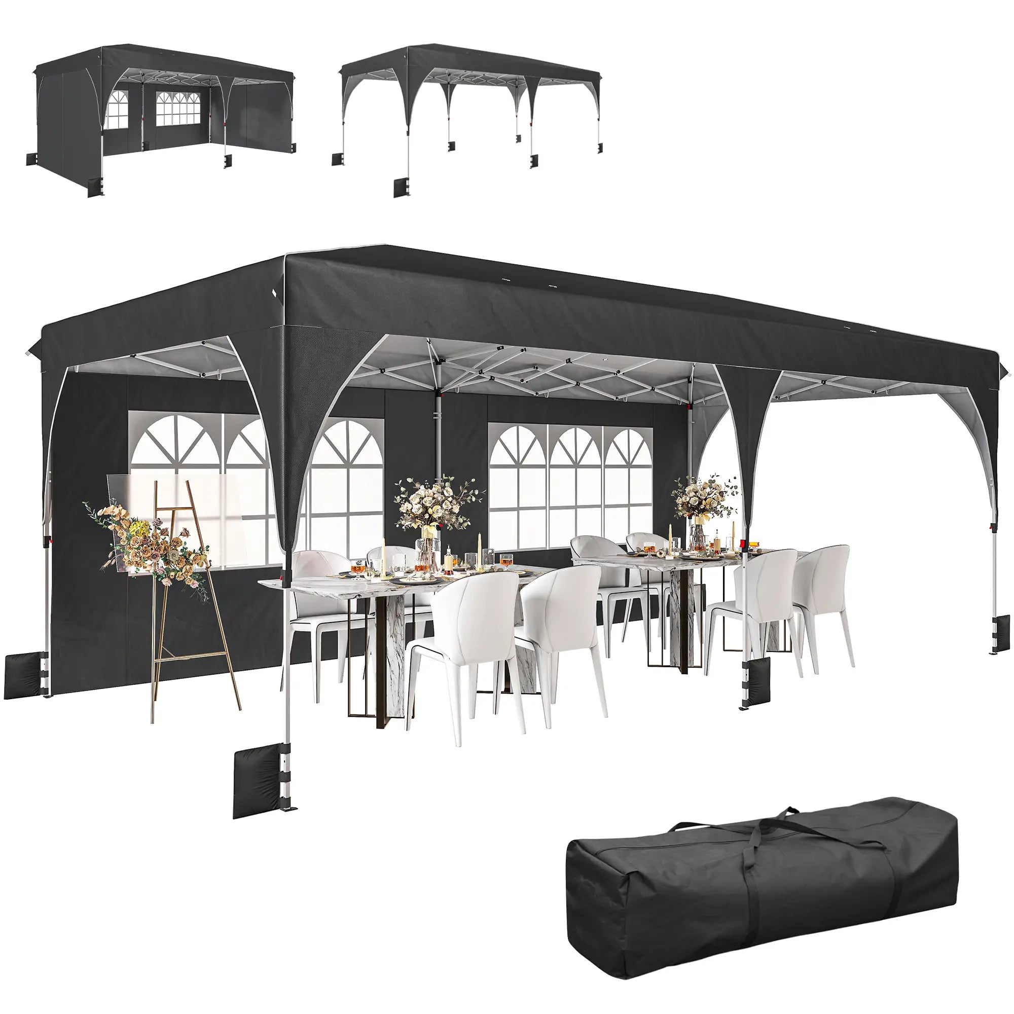 10 x 20 ft Pop Up Canopy Tent, Reflective Strips, UPF 50+, 6 Sandbags, Black Pop Up Canopies Black, White at Gallery Canada