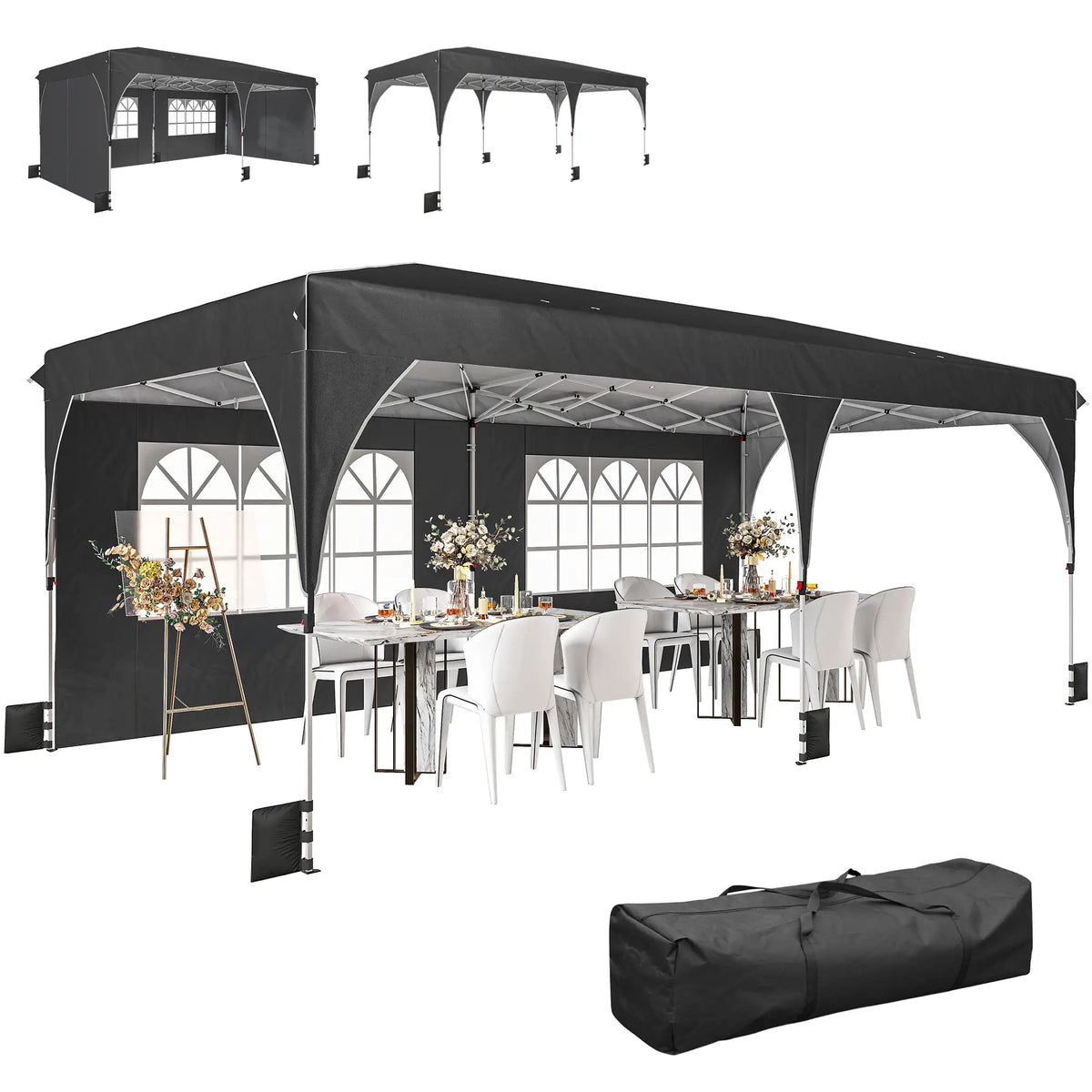 10 x 20 ft Pop Up Canopy Tent, Reflective Strips, UPF 50+, 6 Sandbags, Black Pop Up Canopies Black, White at Gallery Canada